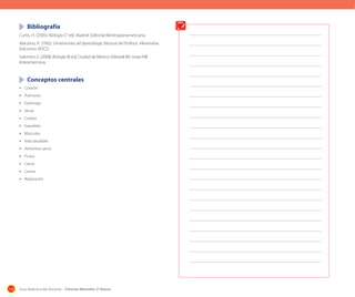 Bibliografía
Curtis, H. (2005). Biología (7 ed). Madrid: Editorial Medicapanamericana.
Marzano, R. (1992). Dimensiones del Aprendizaje, Manual del Profesor. Alexandria:
Ediciones ADCD.
Solomon, E. (2008). Biología (8 ed). Ciudad de México: Editorial Mc Graw-Hill 		
Interamericana.

	 Conceptos centrales
•	 Corazón
•	 Pulmones
•	 Estómago
•	 Venas
•	 Cuerpo
•	 Esqueleto
•	 Músculos
•	 Vida saludable
•	 Alimentos sanos
•	 Frutos
•	 Calcio
•	 Carnes
•	 Respiración

138

Guía didáctica del docente – Ciencias Naturales 2º básico

 