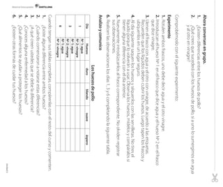 Material fotocopiable

Ahora conversen en grupo.
1. ¿Existen diferencias entre los huesos de pollo?
2. ¿Qué crees que sucederá con los huesos de pollo, si a uno lo sumergimos en agua
y al otro en vinagre?
Comprobémoslo con el siguiente experimento:

blando

Los huesos de pollo
duro

suave

áspero

Experimento
1. Rotulen ambos frascos, uno debe decir agua y el otro vinagre.
2. Introduzcan el hueso Nº 1 en el frasco que dice agua y el hueso Nº 2 en el frasco
que dice vinagre.
3. Llenen el frasco con agua y el otro con vinagre, de acuerdo a las etiquetas.
Recuerden que los líquidos deben cubrir los huesos. Luego tapen los frascos y
ubíquenlos en un lugar seguro.
4. Al día siguiente saquen los huesos y séquenlos con las servilletas. No tires el
líquido porque lo volverán a usar. Observa los huesos, mídelos y compáralos si
tienen alguna diferencia con el día anterior.
5. Nuevamente introdúzcanlos al frasco correspondiente. No olviden registrar
sus observaciones.
6. Realicen las observaciones los días 1, 3 y 6 completando la siguiente tabla.

Huesos
Nº 1: agua
Nº 2: vinagre
Nº 1: agua
Nº 2: vinagre
Nº 1: agua
Nº 2: vinagre

Analizo y comunico
Día
1
3
6

Cuando tengan sus tablas completas, compárenlas con el resto del curso y comenten.
1. ¿Existe alguna diferencia entre ambos huesos?
2. ¿Cuándo comenzaron a notarse estas diferencias?
3. ¿A qué creen ustedes que se debe la diferencia?
4. ¿Conoces alguna enfermedad a los huesos?
5. ¿Qué alimentos te ayudan a proteger los huesos?
6. ¿Existen otras formas de cuidar tus huesos?
Unidad 3

 