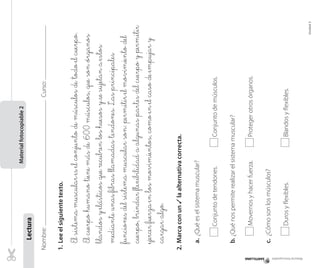 Material fotocopiable

Curso:

Conjunto de músculos.

Duros y ﬂexibles.

c. ¿Cómo son los músculos?

Movernos y hacer fuerza.

Blandos y ﬂexibles.

Proteger otros órganos.

b. ¿Qué nos permite realizar el sistema muscular?

Conjunto de tendones.

a. ¿Qué es el sistema muscular?

2. Marca con un ✓ la alternativa correcta.

Unidad 3

El sistema muscular es el conjunto de músculos de todo el cuerpo.
El cuerpo humano tiene más de 600 músculos, que son órganos
blandos y elásticos que recubren los huesos y se sujetan a estos
mediante unas fibras llamadas tendones. Las principales
funciones del sistema muscular son: permitir el movimiento del
cuerpo, brindar flexibilidad a algunas partes del cuerpo y permitir
ejercer fuerza en los movimientos, como en el caso de empujar y
cargar algo.

1. Lee el siguiente texto.

Nombre:

Lectura

Material fotocopiable 2

 
