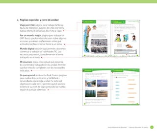 c. Páginas especiales y cierre de unidad

Viajo por Chile

Viajo por Chile: página para trabajar la flora y
fauna de diferentes lugares de Chile. De forma
lúdica, Monti, el personaje, los invita a viajar.

Mi resumen: mapa conceptual que presenta
los contenidos trabajados en la unidad. Permite
que los niños lo completen con los recortables
indicados.
Lo que aprendí: evaluación final. Cuatro páginas
para evaluar los contenidos y habilidades
desarrolladas durante la unidad. Se indica el
objetivo en cada ítem y permite que el alumno
evidencie su nivel de logro pintando las huellas
según el puntaje obtenido.

E

s

Esta vez viajaremos a un lugar
maravilloso ubicado al norte
de Coquimbo.

La Reserva Nacional Pingüino de Humboldt está
conformada por tres islas: Choros, Damas y Chañaral.

Por un mundo mejor: página para trabajar los
OAT. Busca que los niños discutan sobre algunas
acciones y evalúen y reflexionen sobre qué
actitudes son las correctas frente a un tema.
Mundo digital: sección que permite a los niños
comenzar a trabajar las habilidades TIC. Los
recursos propuestos, complementan el tema
trabajado en el texto.

Por un
mundo mejor

N
O

Unidad 2: Los hábitats

Como _has _aprendido, _la _contaminación _del _agua
_destruye _los _hábitats _acuáticos y _a _los _seres vivos _que
viven _allí. Tú _puedes _ayudar _a mantener _las _reservas _de
_agua _limpias no _botando _basura _en _ellas y _consumiendo
_agua _responsablemente.
Encierra en un

solo las acciones que cuidan el agua.

En esta reserva viven muchos mamíferos marinos como el
chungungo, lobo de un pelo y lobo de dos pelos.
Ente las aves se encuentran el pingüino de Humboldt, el
yunco, cormorán lile y guanay, todas especies protegidas.

Preﬁere una ducha
corta en vez de un
baño de tina, pues
gastas menos agua.

Pingüino de Humboldt

−

Mundo digital

Cuidado del agua

En el computador entra a www.recursostic.cl/lc2075. Luego comenta
con tu curso por qué es importante cuidar el agua.

Cormoranes

setenta y _cuatro

74

setenta y _cinco

Mi resumen

Lo que aprendí

El _hábitat _de _una _planta _o _animal _es _el _lugar _donde vive
y _encuentra _todo _lo _que necesita _para vivir.
Según _sus _características, _los _hábitats _se _clasifican _en :
Acuáticos:

75

Unidad 2: Los hábitats

Realiza las siguientes actividades. Al finalizar revisa con tu profesor y pinta las
huellas de Monti según tus logros.
Observar y comparar las características de diferentes hábitats

1.

Une el hábitat con su característica.
Suelo cubierto por hielo.

Trópico

Aguas dulces con corriente.
Polo
río

lago
Bosque

T_errestres:

Casi nunca llueve.

Desierto
Grandes masas de agua salada.
Océano

bosque

desierto

Algunas _de _las _actividades _que _realiza _el _ser _humano
_pueden _destruir _partes _de _estos _hábitats, _poniendo _en
_riesgo _la vida _de _los _seres _que _habitan _en _él.
76

setenta y _seis

Siempre hace calor.
Río

Llueve muy seguido.

setenta y _siete

77

Guía didáctica del docente - Ciencias Naturales 2º básico

15

 