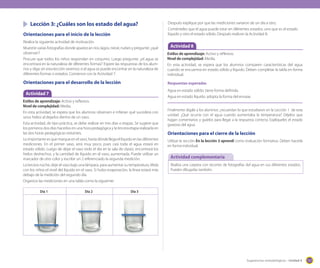 Lección 3: ¿Cuáles son los estado del agua?
Orientaciones para el inicio de la lección

Después explique por que las mediciones variaron de un día a otro.
Coménteles que el agua puede estar en diferentes estados: uno que es el estado
líquido y otro el estado sólido. Después realicen la Actividad 8.

Realice la siguiente actividad de motivación.
Muestre varias fotografías donde aparezcan ríos, lagos, nieve, nubes y pregunte: ¿qué
observan?
Procure que todos los niños respondan en conjunto. Luego pregunte: ¿el agua se
encontrará en la naturaleza de diferentes formas? Espere las respuestas de los alumnos y diga: en esta lección veremos si el agua se puede encontrar en la naturaleza de
diferentes formas o estados. Comience con la Actividad 7.

Estilos de aprendizaje: Activo y reflexivo.
Nivel de complejidad: Media.
En esta actividad, se espera que los alumnos comparen características del agua
cuando se encuentra en estado sólido y líquido. Deben completar la tabla en forma
individual.

Orientaciones para el desarrollo de la lección

Respuestas esperadas

Actividad 7
Estilos de aprendizaje: Activo y reflexivo.
Nivel de complejidad: Media.
En esta actividad, se espera que los alumnos observen e infieran qué sucederá con
unos hielos al dejarlos dentro de un vaso.
Esta actividad, de tipo práctica, se debe realizar en tres días o etapas. Se sugiere que
los primeros dos días hacerlos en una hora pedagógica y la tercera etapa realizarla en
las dos horas pedagógicas restantes.
Lo importante es que marque en el vaso, hasta dónde llega el líquido en las diferentes
mediciones. En el primer vaso, será muy poco, pues casi toda el agua estará en
estado sólido. Luego de dejar el vaso todo el día en la sala de clases, encontrará los
hielos deshechos, y la cantidad de líquido en el vaso, aumentada. Puede utilizar un
marcador de otro color y escribir un 2 referenciado la segunda medición.
La tercera noche, deje el vaso bajo una lámpara, para aumentar su temperatura. Mida
con los niños el nivel del líquido en el vaso. Si hubo evaporación, la línea estará más
debajo de la medición del segundo día.
Organice las mediciones en una tabla como la siguiente:
	

Día 1		

Día 2		

	
  

Actividad 8

Agua en estado sólido: tiene forma definida.
Agua en estado líquido: adopta la forma del envase.
Finalmente dígale a los alumnos: ¿recuerdan lo que estudiaron en la Lección 1 de esta
unidad. ¿Qué ocurría con el agua cuando aumentaba la temperatura? Déjelos que
hagan comentarios y guíelos para llegar a la respuesta correcta. Explíqueles el estado
gaseoso del agua.

Orientaciones para el cierre de la lección
Utilizar la sección En la lección 3 aprendí como evaluación formativa. Deben hacerla
en forma individual.

Actividad complementaria
Realiza una carpeta con recortes de fotografías del agua en sus diferentes estados.
Puedes dibujarlas también.

Día 3

	
  

	
  

Sugerencias metodológicas - Unidad 4

157

 