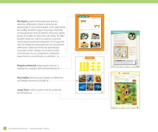 Unidad 1: Los animales

Mis logros
1. Pinta el total de huellas que obtuviste en Lo que aprendí.

Brigada ambiental

INICIO

META

INICIO

META

2. ¿De qué forma aprendiste mejor en esta unidad? Marca con un ✔ tus
preferencias.
2

Trabajando en mi texto escolar.

2

Brigada ambiental

Conversando con mis compañeros.

Es hora de comenzar el primer desafío de
tu Brigada.
Recuerda construir tu insignia. Recórtala de la
página 117.
2

Realizando experimentos.

2

Durante esta unidad has aprendido sobre las
diferentes características de los animales. Pero
¿compartes con animales?, ¿tienes mascotas?

Escuchando a mi profesor.

Con ayuda de un adulto, diseñen diferentes
afiches, los que pueden pegar en el mural o patio
de su escuela. Guíate por el ejemplo.

_cuarenta y _cinco

Para mantener saludable
y feliz a nuestra mascota
debemos:

45

1. Procurar que su espacio
esté limpio.
2. Preocuparnos de su
agua y alimento todos
los días.
3. Llevarlo al veterinario si
lo requiere.

Recortable
Página 20 – Actividad 3

−

Cuidado de mascotas

Mundo digital

Entra al computador e ingresa a www.recursostic.cl/lc2044. Luego
comenta con tu curso: ¿qué cuidados debo tener con mis mascotas?

Brigada ambiental: página para conocer y
trabajar los cuidados del medioambiente.

46

_cuarenta y seis

Juego final

Página 23 – En la lección 2 aprendí

Reúnete con tres compañeros y jueguen al
Tablero animal.
Solo necesitan un dado y tres gomas
de borrar o sacapuntas para utilizarlos
como fichas.

Recortables: láminas para trabajar en diferentes
actividades durante la unidad.

Juego final: instancia para cerrar la unidad de
forma lúdica.

_cuarenta y _siete

Pídele más instrucciones a tu
profesor. ¡Vamos a jugar!

47

_cincuenta y _uno

16

Guía didáctica del docente - Ciencias Naturales 2º básico

Pega en tu cuaderno

Mis logros: página destinada para que los
alumnos reflexionen sobre su proceso de
aprendizaje. En la primera etapa, se les pide pintar
las huellas de Monti según el puntaje obtenido
en la evaluación final (si obtiene 20 puntos debes
pintar 20 huellas en dirección a la meta). Así ellos
pueden observar cuál es su avance y ponerse
metas para la próxima evaluación. En el segundo
ítem se trabaja la metacognición, los estudiantes
reflexionan sobre las formas de aprendizaje
y escogen entre: trabajar con el texto escolar,
conversando con sus compañeros, realizando
experimentos o escuchando a su profesor.

51

 