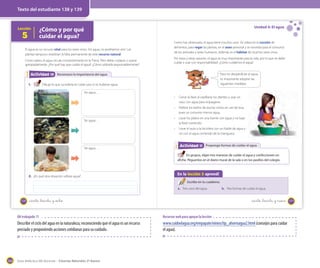 Texto del estudiante 138 y 139

Lección

5

Unidad 4: El agua

¿Cómo y por qué
cuidar el agua?

El agua es un recurso vital para los seres vivos. Sin agua, no podríamos vivir. Las
plantas tampoco resistirían la falta permanente de este recurso natural.
Como sabes, el agua circula constantemente en la Tierra. Pero debe cuidarse y usarse
apropiadamente. ¿Por qué hay que cuidar el agua? ¿Cómo utilizarla responsablemente?

Como has observado, el agua tiene muchos usos. Se utiliza en la cocción de
alimentos, para regar las plantas, en el aseo personal y se necesita para el consumo
de los animales y seres humanos. Además es el hábitat de muchos seres vivos.
Por estas y otras razones, el agua es muy importante para la vida, por lo que se debe
cuidar y usar con responsabilidad. ¿Cómo cuidamos el agua?

Actividad 2 Reconozco la importancia del agua
10
1.

Para no desperdiciar el agua,
es importante adoptar las
siguientes medidas:

Dibuja lo que sucedería en cada caso si no hubiese agua.
Sin agua…
·
·

Sin agua…

Preferir los baños de ducha cortos en vez de tina,
pues se consume menos agua.

·

Lavar los platos en una fuente con agua y no bajo
la llave corriendo.

·

Sin agua…

Cerrar la llave al cepillarse los dientes y usar un
vaso con agua para enjuagarse.

Lavar el auto o la bicicleta con un balde de agua y
no con el agua corriendo de la manguera.

11
Actividad 2 Propongo formas de cuidar el agua
En grupos, elijan tres maneras de cuidar el agua y confeccionen un
afiche. Péguenlos en el diario mural de la sala o en los pasillos del colegio.

2. ¿En qué otra situación utilizas agua?

En la lección 5 aprendí
Escribe en tu cuaderno.
a. Tres usos del agua.

138

_ciento _treinta y _ocho

b. Tres formas de cuidar el agua.

_ciento _treinta y nueve

OA trabajado 11

Describir el ciclo del agua en la naturaleza, reconociendo que el agua es un recurso
preciado y proponiendo acciones cotidianas para su cuidado.

164

Recursos web para apoyar la lección

www.cuidoelagua.org/empapate/ninios/tip_ahorroagua2.html (consejos para cuidar
el agua).

Guía didáctica del docente – Ciencias Naturales 2º básico

139

 