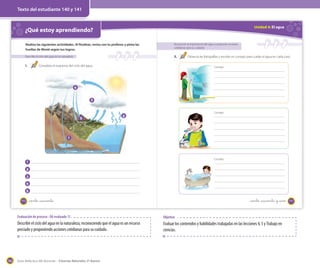 Texto del estudiante 140 y 141

Unidad 4: El agua

¿Qué estoy aprendiendo?

OA 11

Realiza las siguientes actividades. Al finalizar, revisa con tu profesor y pinta las
huellas de Monti según tus logros.

Reconocer la importancia del agua y proponer acciones
cotidianas para su cuidado

Describir el ciclo del agua en la naturaleza

2.

1.

Completa el esquema del ciclo del agua.

Observa las fotografías y escribe un consejo para cuidar el agua en cada caso.
Consejo:

4
3

5

Consejo:

2

1

Consejo:

1
2
3
4
5
140

_ciento _cuarenta

_ciento _cuarenta y _uno

Evaluación de proceso - OA evaluado 11

Describir el ciclo del agua en la naturaleza, reconociendo que el agua es un recurso
preciado y proponiendo acciones cotidianas para su cuidado.

166

Objetivo

Evaluar los contenidos y habilidades trabajadas en las lecciones 4, 5 y Trabajo en
ciencias.

Guía didáctica del docente – Ciencias Naturales 2º básico

141

 