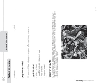 Material fotocopiable

Curso:

Observo y pregunto
La escarcha es una capa de pequeños cristales de hielo que se forma en algunas
superficies cuando hace frío. ¿Has visto en mañanas muy frías que amanece todo
cubierto con una capa de hielo?

¿Qué necesito?
- cubos de hielo
- una lata vacía sin etiqueta ni tapa
- una cuchara
- un poco de sal

En esta actividad práctica observarás la formación de escarcha.

¡Hagamos escarcha!

Nombre:
	

Trabajo en ciencias

Material fotocopiable

Unidad 4

	

 