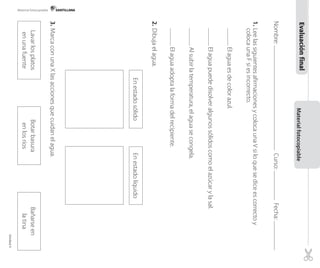 Material fotocopiable

Evaluación final

Nombre:

Material fotocopiable

Curso:

Fecha:

1. 	Lee las siguientes afirmaciones y coloca una V si lo que se dice es correcto y
coloca una F si es incorrecto.

	
	

	
	

Al subir la temperatura, el agua se congela.

El agua puede disolver algunos sólidos como el azúcar y la sal.

El agua es de color azul.

	

	
	
El agua adopta la forma del recipiente.

En estado líquido

Bañarse en
la tina

	
2.	Dibuja el agua.
En estado sólido

Botar basura
en los ríos

3.	Marca con una X las acciones que cuidan el agua.
Lavar los platos
en una fuente

			

Unidad 4

 