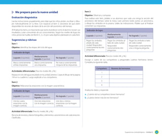 Me preparo para la nueva unidad
Evaluación diagnóstica
Lea las instrucciones grupalmente, pero deje que los niños pinten, escriban y dibujen individualmente en su libro. Con respecto al ítem 3, cerciórese de que estén
disponibles los recortes de diario de la sección del pronóstico del tiempo.
Al finalizar los ítems, es importante que tanto el profesor como el alumno revisen sus
resultados y sean conscientes de sus conocimientos. Según los niveles de logro los
niños pintan las huellas de Monti (1, 2, o 3) por cada objetivo planteado en cada ítem.

Ítem 3
Objetivo: Observar y comparar.
Para realizar este ítem, pídales a sus alumnos que cada uno tenga la sección del
pronóstico del tiempo sobre la mesa. Lean primero todos juntos un pronóstico,
y dibuje los símbolos en la pizarra. Léales las indicaciones. Pídales que al finalizar
comenten sus respuestas.
Indicador de logro

Ítem 1
Objetivo: Identificar las etapas del ciclo del agua.

Medianamente
logrado (2 puntos)

Pegan los símbolos
al lado de cada
ciudad. Responden
correctamente las tres
preguntas.

Sugerencias y rúbricas

Logrado (3 puntos)

Pegan los símbolos al
lado de cada ciudad.
Responden
correctamente dos
preguntas.

Indicador de logro
Logrado (3 puntos)

Medianamente
logrado (2 puntos)

No logrado (1 punto)

Marca correctamente
ambas respuestas.

Marca correctamente
una respuesta.

No marca correctamente
ninguna de las respuestas.

Repasa el ciclo del agua estudiado en la unidad anterior. Copia el dibujo de la página
134 en tu cuaderno. Luego explícalo a tus compañeros.

Pegan los símbolos a lado
de cada ciudad.
Responden correctamente
una o ninguna pregunta.

Actividad diferenciada (Para los niveles ML y NL)
Escoge a cuatro de tus compañeros y pregúntales cuántos hermanos tienen.
Completa la siguiente tabla.
Compañero

Actividades diferenciadas (Para los niveles ML y NL)

No logrado (1 punto)

Número de hermanos

1
2

Ítem 2

3

Objetivo: Relacionar las estaciones con la imagen característica.

4
Analiza los datos y responde:

Indicador de logro
Logrado (3 puntos)
Une las cuatro
estaciones con la
imagen correcta.

Medianamente
logrado (2 puntos)
Une tres estaciones
con la imagen correcta.

No logrado (1 punto)

a.	 ¿Cuántos de tus compañeros tienen hermanos?
b.	 ¿Cuántos tienen más de tres hermanos?

Une dos o menos
estaciones con la imagen
correcta.

Actividad diferenciada (Para los niveles ML y NL)
Recorta de revistas y diarios fotografías y elementos característicos de cada estación.
Clasifícalas.

Sugerencias metodológicas - Unidad 5

187

 
