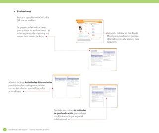 c. Evaluaciones
Indica el tipo de evaluación y los
OA que se evalúan.

Texto del estudiante 28 y 29

Unidad 1: Los animales

¿Qué estoy aprendiendo?
Realiza las siguientes actividades. Al finalizar, revisa con tu profesor y pinta las
huellas de Monti según tus logros.

1.

Se presentan las indicaciones
para trabajar las evaluaciones. Las
rúbricas para cada objetivo y sus
respectivos niveles de logro.

Clasiﬁcar los animales vertebrados en mamíferos, aves,
reptiles, anﬁbios y peces

3.

Observar y describir diferentes tipos de animales

Une cada cobertura de la piel con el grupo al que pertenece.

Recorta los animales de la página 49 y pégalos donde corresponda.
a.
Vertebrado
Ave
No vuela

Anfibios

b.
Vertebrado
Piel húmeda y
desnuda

Aves

Respira por la piel

Mamíferos

c.
Vertebrado

Recuerde trabajar las huellas de
Monti para visualizar los puntajes
obtenidos por cada alumno para
cada ítem.

Mamífero
Vive en el agua
Comparar y clasiﬁcar animales vertebrados e invertebrados

2.

Marca con un las características de los invertebrados
y con ✔ las de los vertebrados.

d.
Vertebrado

Algunos poseen un esqueleto externo.

No tienen huesos.

Tiene escamas
Vive en la tierra

Tienen un esqueleto de huesos.
28

Poseen columna vertebral.

veintiocho

veintinueve

Evaluación de proceso - OA evaluado 1 - 2

44

29

Objetivos

Observar, describir y clasificar los vertebrados en mamíferos, aves, reptiles, anfibios y peces, a partir
de características como cubierta corporal, presencia de mamas y estructuras para la respiración, entre
otras. Observar, describir y clasificar, por medio de la exploración, las características de los animales sin
columna vertebral, como insectos, arácnidos, crustáceos, entre otros, y compararlos con los vertebrados.

Evaluar los contenidos y habilidades trabajadas en las lecciones 1, 2 y 3

Guía didáctica del docente – Ciencias Naturales 2º básico

	 ¿Qué	estoy	aprendiendo?

Ítem 2 y 3
Objetivo: Clasificar animales según sus características.

Orientaciones	para	la	evaluación
Pídales a sus alumnos que realicen en forma individual las actividades que se les
plantean. Al finalizar es importante que tanto usted como el alumno, revisen los
resultados y sean conscientes de sus conocimientos, para eso pídale a cada alumno
que pinte las huellas de cada actividad según el puntaje obtenido.

Indicador de logro
Logrado (5-6 puntos)

Medianamente
logrado (3-4 puntos)

No logrado (2 puntos)

Pinta correctamente las
cuatro características.

Pinta correctamente
tres características.

Pinta correctamente dos
o menos características.

Pega la fotografía en el
grupo que corresponde

Ítem 1
Objetivo: Observar y describir diferentes tipos de animales.

Pega tres fotografías
en el grupo que
corresponde

Pega dos o menos
fotografías en el grupo
que corresponde.

Indicador de logro
Logrado (3 puntos)
Une correctamente la
cobertura de piel con el
grupo de animales que
caracteriza.

Medianamente
logrado (2 puntos)
Une correctamente
dos coberturas de
piel con el grupo
de animales que
caracteriza.

No logrado (1 punto)
Une correctamente una
o ninguna cobertura
la piel con el grupo de
animales que caracteriza.

Actividad diferenciada (Para los niveles ML y NL)
Dibuja en tu cuaderno:

a. Un animal sin columna vertebral que tenga 6 patas.
b. Un animal con columna vertebral que tenga alas.
Actividad de profundización (Para el nivel L)

Actividad diferenciada (Para los niveles ML y NL)
Adivina buen adivinador. Adivina a que grupo de animales pertenezco.

Escoge un animal invertebrado. Dibújalo en una hoja de bloc y escribe tres
características. Luego coméntales a tus compañeros.

a. Tengo dos ojos y cuatro patas. Con mis orejas escucho lo que sucede en el techo de
la casa del lado. Mi cuerpo está cubierto de un brillante pelaje blanco con gris.
Respuesta: Mamífero/gato.

b. Mis plumas cafés me delatan, sobre el árbol vivo y de gusanos ricos me alimento.
Respuesta: Ave/zorzal (pueden ser varias).
Actividad de profundización (Para el nivel L)
Escoge uno de los grupos estudiados. Pide ayuda en casa y averigua sobre sus
características como color, tamaño y alimentación. Es muy importante que menciones
a qué grupo pertenece.

Sugerencias metodológicas - Unidad 1

Ítem 2

Ítems 3 y 4

Objetivo: Clasificar los animales vertebrados en mamíferos, aves, reptiles, anfibios y
peces

Objetivo: Observar y comparar diferentes ciclos de vida.
Indicador de logro

Indicador de logro
Medianamente
logrado (2 puntos)

No logrado (1 punto)

Marca correctamente
las dos características en
común.

Marca correctamente
una característica en
común.

No marca ninguna
característica
correctamente.

Logrado (5-6 puntos)

Medianamente
logrado (3-4 puntos)

No logrado (2 puntos)

Une correctamente los
tres animales con sus
características.

Une correctamente
dos animales con sus
características.

Une solo un animal
o ninguno con sus
características.

Dibuja un ciclo de vida
correctamente y lo
diferencia del caracol.

Logrado (3 puntos)

Además incluye Actividades diferenciadas
por objetivo, las cuales puede utilizar
con los estudiantes que no logran los
aprendizajes.

45

Dibuja un ciclo de
vida pero no lo
diferencia del que
presenta el caracol.

No dibuja un ciclo de
vida.

Actividad diferenciada (Para los niveles ML y NL)
Describe a tus compañeros el ciclo de vida que más te haya llamado la atención.
Actividad de profundización (Para el nivel L)
Escucha la canción “Una cuncuna amarilla”, de Mazapán. Identifica en ella las etapas
del ciclo de vida de la mariposa y dibújalas en tu cuaderno.

	 ¿Qué	estoy	aprendiendo?

Ítem 2 y 3
Objetivo: Clasificar animales según sus características.

Orientaciones	para	la	evaluación
Pídales a sus alumnos que realicen en forma individual las actividades que se les
plantean. Al finalizar es importante que tanto usted como el alumno, revisen los
resultados y sean conscientes de sus conocimientos, para eso pídale a cada alumno
que pinte las huellas de cada actividad según el puntaje obtenido.

Indicador de logro
Logrado (5-6 puntos)

Medianamente
logrado (3-4 puntos)

No logrado (2 puntos)

Pinta correctamente las
cuatro características.

Ítem 1
Objetivo: Observar y describir diferentes tipos de animales.

Pinta correctamente
tres características.

Pinta correctamente dos
o menos características.

Pega la fotografía en el
grupo que corresponde

Pega tres fotografías
en el grupo que
corresponde

Pega dos o menos
fotografías en el grupo
que corresponde.

Indicador de logro
Logrado (3 puntos)
Une correctamente la
cobertura de piel con el
grupo de animales que
caracteriza.

Medianamente
logrado (2 puntos)
Une correctamente
dos coberturas de
piel con el grupo
de animales que
caracteriza.

No logrado (1 punto)
Une correctamente una
o ninguna cobertura
la piel con el grupo de
animales que caracteriza.

Actividad diferenciada (Para los niveles ML y NL)
Adivina buen adivinador. Adivina a que grupo de animales pertenezco.
Sugerencias metodológicas - Unidad 1

59

Actividad diferenciada (Para los niveles ML y NL)
Dibuja en tu cuaderno:

a. Un animal sin columna vertebral que tenga 6 patas.
b. Un animal con columna vertebral que tenga alas.
Actividad de profundización (Para el nivel L)
Escoge un animal invertebrado. Dibújalo en una hoja de bloc y escribe tres
características. Luego coméntales a tus compañeros.

a. Tengo dos ojos y cuatro patas. Con mis orejas escucho lo que sucede en el techo de
la casa del lado. Mi cuerpo está cubierto de un brillante pelaje blanco con gris.
Respuesta: Mamífero/gato.

b. Mis plumas cafés me delatan, sobre el árbol vivo y de gusanos ricos me alimento.
Respuesta: Ave/zorzal (pueden ser varias).
Actividad de profundización (Para el nivel L)
Escoge uno de los grupos estudiados. Pide ayuda en casa y averigua sobre sus
características como color, tamaño y alimentación. Es muy importante que menciones
a qué grupo pertenece.

Sugerencias metodológicas - Unidad 1

También encontrará Actividades
de profundización, para trabajar
con los alumnos que logran el
máximo nivel.

20

Guía didáctica del docente - Ciencias Naturales 2º básico

45

 