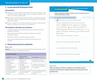 Texto del estudiante 179, 180 y 181

	 Lo que aprendí (Evaluación final)
OA evaluados
12. Reconocer y describir algunas características del tiempo atmosférico, como
precipitaciones (lluvia, granizo, nieve), viento y temperatura ambiente, entre
otras, y sus cambios a lo largo del año.
13. Medir algunas características del tiempo atmosférico, construyendo y/o usando
algunos instrumentos tecnológicos útiles para su localidad, como termómetro,
pluviómetro o veleta.

Lo que aprendí

Realiza las siguientes actividades. Al finalizar, revisa con tu profesor y pinta las
huellas de Monti según tus logros.
Describir y reconocer características del tiempo atmosférico
(lluvia, granizo, nieve, nubes, viento y temperatura ambiente)

1.

OA evaluados redactados para el alumno
Características del tiempo atmosférico (lluvia, granizo, nieve, nubes, viento y
temperatura ambiente).

•	

Medir características del tiempo atmosférico utilizando instrumentos
construidos en clases.

•	

El tiempo atmosférico en las distintas estaciones del año.

•	

Lee la siguiente historia y luego responde las preguntas.

Antonia _despertó por _la mañana y miró por _la
ventana. Brillaba _el _sol. Se vistió para _ir _al colegio.
Su mamá _le había _dejado _su _blusa, _los _calcetines, _el
_chaleco y _el _jumper _sobre _la cama. Al _regresar _a _su _casa
_después _de _almuerzo, _sentía _frío, ya _que _se _había mojado
_bajo _la _lluvia.

14. Describir la relación de los cambios del tiempo atmosférico con las estaciones
del año y sus efectos sobre los seres vivos y el ambiente.

•	

Unidad 5: ¿Cómo está el tiempo?

Efectos de los cambios del tiempo atmosférico en los seres vivos y el
ambiente.

a. ¿Cómo estaba el tiempo atmosférico en la mañana?

b. ¿Qué sucedió con el tiempo atmosférico durante el día?

	 Orientaciones para la evaluación
Ítems 1, 2 y 3

c. ¿Qué ropa debió usar Antonia este día?, ¿por qué?

Objetivo: Describir y reconocer características del tiempo atmosférico (lluvia, granizo, nieve nubes, viento y temperatura ambiente).
Indicador de logro

d. ¿Qué sucede con el tiempo atmosférico durante el año?

Logrado (9-8 puntos)
Responde cuatro
preguntas
correctamente.

Responde tres
preguntas
correctamente.

Responde dos o menos
preguntas correctamente.

Completa
correctamente cinco
o seis palabras del
crucigrama.

Completa
correctamente tres o
cuatro palabras del
crucigrama.

Completa correctamente
dos o menos conceptos en
el crucigrama.

Une las dos fotografías
con el termómetro
correcto.

208

Medianamente
logrado (5-7 puntos)

Une solo una fotografía
con el termómetro
correcto.

No une ninguna fotografía
con el termómetro
correcto.

Guía didáctica del docente – Ciencias Naturales 2º básico

No logrado (4-3 puntos)

_ciento _setenta y nueve
Evaluación final

Pídales a los alumnos que realicen las actividades en forma individual. Léales las
instrucciones y déles tiempo para responder. Muéstreles el ícono que indica la acción
que deben realizar.

179

 