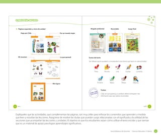 Organización del Texto

3. Páginas especiales y cierre de unidad

Brigada ambiental

Viajo por Chile

Recortable

Juego final

Por un mundo mejor
Viajo por Chile

Por un
mundo mejor

N
E
O

s

Unidad 1: Los animales

Los _seres vivos _que nos _rodean _necesitan _de _nuestro _respeto
y _cuidado. Si no _somos _cuidadosos _con _el _medioambiente
_donde _vivimos, _todos _somos _perjudicados.

Yo vivo en el bosque del
sur de Chile.
En este lugar comparto
con otros mamíferos,
aves, reptiles y anfibios
característicos del país.

Observa la ilustración y encierra en un

las acciones que respetan nuestro entorno.

Si tienes mascotas,
debes cuidarlas y
preocuparte de
sus necesidades.

En el bosque lluvioso también viven:
Aves

Florentino Alvarado

Florentino Alvarado

Mamíferos

Zorro chilla

Martín pescador
Anfibios

Juan Carlos Pacheco

Reptiles

Lagartija esbelta

38

Ranitas de Darwin

_treinta y _ocho

_treinta y nueve

39

Mi resumen

Lo que aprendí
Mi resumen
Los _animales _se _clasifican _en _dos _grandes _grupos:
Los vertebrados, _que _son _aquellos _que _tienen _un _esqueleto
_interno.

Íconos del texto
Son dibujos que te ayudarán a comprender lo que tienes que hacer en cada actividad.

Unidad 1: Los animales

Lo que aprendí

Realiza las siguientes actividades. Al finalizar, revisa con tu profesor y pinta las
huellas de Monti según tus logros.
Observar y describir diferentes tipos de animales

1.

Pinta solo los animales que tienen columna vertebral.

reptil
anfibio

pez

mamífero

ave

Recorta

Pinta

Los _invertebrados, _que no _tienen _esqueleto _interno.

Une

Escribe

Comenta

artrópodo

molusco

T_odos _los _animales _pasan _por _distintas _etapas
_en _su vida, _desde _que nacen _hasta _que _se _reproducen,
_comenzando _así _un nuevo _ciclo.
40

_cuarenta

_cuarenta y _uno

41

Mis logros

Unidad 1: Los animales

Mis logros
1. Pinta el total de huellas que obtuviste en Lo que aprendí.

Encierra

Marca

Dibuja

Observa

INICIO

META

Timbre

2. ¿De qué forma aprendiste mejor en esta unidad? Marca con un ✔ tus
preferencias.
2

Trabajando en mi texto escolar.

2

Conversando con mis compañeros.

2

Realizando experimentos.

2

Escuchando a mi profesor.

_cuarenta y _cinco

6

_seis

Cada vez que aparezca, tu profesor deberá entregarte más
información para que realices la actividad.
45

_siete

7

Explíqueles que las actividades, que complementan las páginas, son muy útiles para reforzar los contenidos que aprenden a medida
que leen y estudian las lecciones. Asegúrese de resolver las dudas que puedan surgir, relacionadas con el significado y la utilidad de las
secciones que acompañan las lecciones y unidades. El objetivo es que los estudiantes sepan cómo utilizar el texto escolar y que sientan
que es un material de apoyo para lograr aprendizajes significativos.
Guía didáctica del docente - Ciencias Naturales 2º básico

23

 