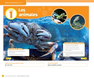 Texto del estudiante 12 y 13

1

Unidad

Los
animales

Comenzando la aventura
1. ¿Qué observas en las fotografías?
2. ¿Cuáles de estos animales conoces?

Aprenderé sobre...

3. ¿Nacerán todos estos animales de la

· Diferentes tipos de animales: vertebrados
e invertebrados.

4. ¿Por qué crees tú que es importante conocer

misma manera?

12

_trece

_doce

Objetivos de aprendizaje tratados en la unidad

OA 1, OA 2, OA 3

28

Desarrollo de habilidades

Observar, identificar, comentar.

Guía didáctica del docente – Ciencias Naturales 2º básico

Latinstock

la gran variedad de animales que existe sobre
el planeta?

• Ciclos de vida de algunos animales.

13

 