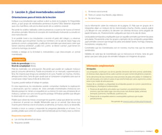 Lección 3: ¿Qué invertebrados existen?
Orientaciones para el inicio de la lección
Indique a sus estudiantes que vuelvan a abrir su texto en la página 16. Pregúnteles
ahora, ¿a qué grupo de vertebrados pertenece el perro? Ellos deberían responder
que a los mamíferos, solo por la observación de su cubierta corporal.
Recuerde los análisis realizados sobre la presencia o ausencia de huesos al interior
de ambos animales. Retome el concepto de invertebrado motivando su estudio en
esta nueva lección .
Si es posible invite a sus estudiantes a recorrer el patio del colegio y a observar
los animales que encuentran. Escriba sus nombres y en la sala de clases haga una
puesta en común y pregúnteles: ¿cuáles de los animales que observaron creen que
tienen columna vertebral?, ¿cuáles no?, ¿cómo se dieron cuenta?; ¿qué tienen en
común la hormiga y la araña?
Invítelos a trabajar en la Actividad 6, motivándolos a que diseccionarán un animal
invertebrado.

c.	 Al interior está el animal.
d.	 Tiene un cuerpo muy blando y algo elástico.
e.	 No tiene huesos.
Lea la información sobre los moluscos de la página 25. Pida que en grupos de 4
integrantes elijan un molusco de los mencionados (macha, chorito, caracol, pulpo)
y lo dibujen en una cartulina y lo decoren con distintas técnicas como pegado de
papel, témpera, etc. Posteriormente cuélguelos por tipo en la sala de clases.
Lea la palabra artrópodos y explíqueles que son aquellos animales que tienen las patas
articuladas. Previamente a leer los grupos y ejemplos de los artrópodos pregúnteles:
¿qué animales conocen que tengan las patas articuladas? (araña, hormiga, mariposa,
escorpiones, cangrejo, etc.).
Coménteles que los invertebrados son en número, muchos más que los animales
vertebrados.
Hábleles de cada tipo de invertebrado que se menciona en el texto. Sería de gran
apoyo que para cada grupo de animales trabajara con imágenes de apoyo.

Actividad 6
Estilo de aprendizaje: Activo.
Nivel de complejidad: Media.
Pida los materiales con anticipación. Recuerde que puede ser cualquier molusco
para el consumo alimenticio. Puede encontrarlos en un mercado, supermercado o
feria. No importa que tenga una variedad en el curso. Pueden ser machas, choritos,
almejas entre otros. Sería de gran ayuda que se compraran congelados para que se
conservaran mejor hasta el día de la disección.
Si quiere, puede realizar el trabajo en parejas.
En esta experiencia, los estudiantes podrán comprobar mediante la exploración
y observación, que los cuerpos de estos animales invertebrados (moluscos) son
blandos porque no tienen un esqueleto en su interior. En este caso, al tratarse de un
molusco, cuentan con una concha que los protege. Al finalizar pedirles que dibujen
lo observado en sus cuadernos.
Pídales que cubran las mesas y se pongan los guantes. Luego que abran las conchas
y observen el animal con detalle. Refuérceles que es un animal. Que ahora está
muerto pero mientras vive en el océano, se alimenta, se mueve, crece y se desarrolla.

Información complementaria
Artrópodos
Los artrópodos constituyen una de las grandes divisiones del reino animal, subdividida
en diversas clases, algunas de las cuales cuentan con gran número de géneros y especies.
Se les denomina de esta manera por estar provistos de patas articuladas. En realidad no
son solo las patas, sino todo el cuerpo el que está formado por varios segmentos unidos
entre sí por medio de articulaciones.
A pesar de su variedad y su disparidad, los artrópodos poseen en común características
morfológicas y fisiológicas fundamentales:

•	 Presencia de apéndices articulados que muestran una plasticidad evolutiva
enorme y que han dado lugar a las estructuras más diversas (patas, antenas),
branquias, pulmones, mandíbulas, quelíceros, etc.

•	 Presencia de un esqueleto externo o exoesqueleto quitinoso que mudan
periódicamente.
Recuperado de www.ecured.cu/index.php/Artrópodo

Invítelos a tocar su cuerpo y responder las preguntas plantedas en el texto. Si es
posible, pídales que corten el cuerpo del invertebrado por la mitad y vean su interior.
Respuestas esperadas

a.	 Las conchas del animal son duras.
b.	 Respuesta variable.

Sugerencias metodológicas - Unidad 1

41

 