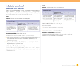 ¿Qué estoy aprendiendo?

Ítem 2 y 3
Objetivo: Clasificar animales según sus características.

Orientaciones para la evaluación
Pídales a sus alumnos que realicen en forma individual las actividades que se les
plantean. Al finalizar es importante que tanto usted como el alumno, revisen los
resultados y sean conscientes de sus conocimientos, para eso pídale a cada alumno
que pinte las huellas de cada actividad según el puntaje obtenido.

Indicador de logro

Objetivo: Observar y describir diferentes tipos de animales.

Medianamente
logrado (3-4 puntos)

No logrado (2 puntos)

Pinta correctamente las
cuatro características.

Ítem 1

Logrado (5-6 puntos)

Pinta correctamente
tres características.

Pinta correctamente dos
o menos características.

Pega la fotografía en el
grupo que corresponde

Pega tres fotografías
en el grupo que
corresponde

Pega dos o menos
fotografías en el grupo
que corresponde.

Indicador de logro
Logrado (3 puntos)
Une correctamente la
cobertura de piel con el
grupo de animales que
caracteriza.

Medianamente
logrado (2 puntos)
Une correctamente
dos coberturas de
piel con el grupo
de animales que
caracteriza.

No logrado (1 punto)
Une correctamente una
o ninguna cobertura
la piel con el grupo de
animales que caracteriza.

Actividad diferenciada (Para los niveles ML y NL)
Adivina buen adivinador. Adivina a que grupo de animales pertenezco.

Actividad diferenciada (Para los niveles ML y NL)
Dibuja en tu cuaderno:

a.	 Un animal sin columna vertebral que tenga 6 patas.
b.	 Un animal con columna vertebral que tenga alas.
Actividad de profundización (Para el nivel L)
Escoge un animal invertebrado. Dibújalo en una hoja de bloc y escribe tres
características. Luego coméntales a tus compañeros.

a.	 Tengo dos ojos y cuatro patas. Con mis orejas escucho lo que sucede en el techo de
la casa del lado. Mi cuerpo está cubierto de un brillante pelaje blanco con gris.
Respuesta: Mamífero/gato.

b.	 Mis plumas cafés me delatan, sobre el árbol vivo y de gusanos ricos me alimento.
Respuesta: Ave/zorzal (pueden ser varias).
Actividad de profundización (Para el nivel L)
Escoge uno de los grupos estudiados. Pide ayuda en casa y averigua sobre sus
características como color, tamaño y alimentación. Es muy importante que menciones
a qué grupo pertenece.

Sugerencias metodológicas - Unidad 1

45

 