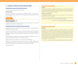 Lección 4: ¿Cómo son los ciclos de vida?
Orientaciones para el inicio de la lección
Trabaje la siguiente actividad con sus alumnos.
Mi ciclo de vida
Prepara en una cartulina, fotos o dibujos personales que muestren cómo eras desde
que naciste hasta ahora. Conversa con tus compañeros acerca de los cambios que
les han ocurrido.

Actividad 7

Información complementaria
La llama
Tiene una figura esbelta y no puede ser distinguida por su color porque puede tener
hasta medio centenar de tonalidades diferentes; tiene patas, cuello y cara alargados y
puede alcanzar hasta una altura de 1,90 metro. Es el mayor de los camélidos domésticos
sudamericanos y llega a pesar hasta 125 Kilos.
Hábitat y Comportamiento
Su distribución geográfica se localiza desde la zona de Pasto en Colombia hasta el
centro de Chile y norte de Argentina.
Su hábitat son las tierras del altiplano de alturas entre 2300-4000 m. Estos animales se
mantienen en manadas y pasan la mayor parte del tiempo pastando.

Estilo de aprendizaje: Activo.
Nivel de complejidad: Media.
Trabaje la primera parte en forma individual. Luego las preguntas a y b, podrían
conversarlas en grupos de tres integrantes.

Recuperado de: www.profesorenlinea.cl/fauna/Llama.htm

Orientaciones para el desarrollo de la lección

Información complementaria

Luego lea la definición y explicación de ciclo de vida y pídales que expliquen lo que
entendieron de este concepto.

El picaflor

Al observar las ilustraciones nombre a las personas genéricamente. Por ejemplo,
cuando tu mamá te tuvo en su vientre, luego naciste, estás creciendo, luego serás
adolescente, después adulto, tendrás hijos y seguirán el mismo ciclo, mientras tu
envejeces.
Luego explíqueles que diferentes animales tienen ciclos de vida diferentes y que en
esta lección aprenderán sobre cómo son algunos de ellos.
Pídales que observen y trabajen con las ilustraciones de la página 33.

Los picaflores son aves pequeñas, versátiles y territoriales. Notable es su capacidad
para volar en todas direcciones, inclusive hacia atrás, ya que poseen articulaciones
especializadas en sus alas. Su acelerado metabolismo los obliga a alimentarse cada 10
a 15 minutos. Posee un pico y lengua en forma de trompa, perfectamente adaptados
para extraer tanto el néctar como los insectos desde el interior de las flores.  Solamente
la hembra construye el nido, sin la participación del macho, y lo hace entre los 4 y los
15 metros de altura, en ramas delgadas y aisladas que sobresalen sin interferir con otras,
para poder acceder rápidamente a él. Utiliza trozos de ramas gruesas las que entrelaza a
trozos delgados usando tela de araña.
Recuperado de: www.educarchile.cl/Portal.Base/Web/VerContenido.aspx?ID=136708

Nárreles lo que observan, tanto con la llama como con el picaflor. Enfatice en lo
comentado anteriormente en la lección 2. Los mamíferos crecen dentro del vientre
de la madre, pero las aves nacen del huevo que está fuera de la madre.
Vaya paso por paso.

Sugerencias metodológicas - Unidad 1

49

 