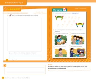 Texto del estudiante 44 y 45

Unidad 1: Los animales

Lo que aprendí

Mis logros
1. Pinta el total de huellas que obtuviste en Lo que aprendí.

Observar y comparar ciclos de vida de diferentes animales

4.

Dibuja un ciclo de vida que sea diferente al del caracol y responde.

INICIO

META

INICIO

META

2. ¿De qué forma aprendiste mejor en esta unidad? Marca con un ✔ tus
preferencias.
2

Trabajando en mi texto escolar.

2

Conversando con mis compañeros.

2

Realizando experimentos.

2

Escuchando a mi profesor.

¿En qué se diferencia el ciclo de vida que elegiste con el del caracol?

44

_cuarenta y cuatro

_cuarenta y _cinco

45

Mis logros

Recuerde a sus alumnos que deben pegar la página por el borde izquierdo para así, poder
leer la información de la página posterior.

58

Guía didáctica del docente – Ciencias Naturales 2º básico

 