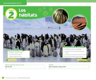 Texto del estudiante 52 y 53

2
Unidad

Los
hábitats

Comenzando la aventura
1. ¿Qué lugares reconoces en las fotografías?

Aprenderé sobre...

2. ¿Cuál de estos es el más parecido al lugar donde

· Los hábitats: sus plantas y animales.

tú vives?

• El ser humano afecta su hábitat.
• Animales en peligro de extinción.
52

3. ¿En qué lugar crees que hace más calor?, ¿y más frío?
4. ¿Qué ocurriría si llevaran al pingüino al desierto?

_cincuenta y _tres

_cincuenta y _dos

Objetivos de aprendizaje tratados en la unidad

OA4, OA5, OA6

70

Habilidades

Observar, identificar, comparar, inferir.

Guía didáctica del docente – Ciencias Naturales 2º básico

53

 