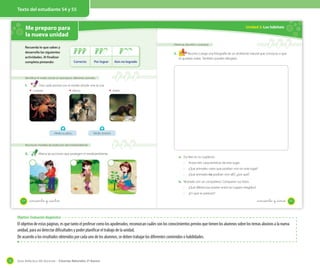 Texto del estudiante 54 y 55

Me preparo para
la nueva unidad
Recuerda lo que sabes y
desarrolla las siguientes
actividades. Al finalizar
completa pintando:

Unidad 2: Los hábitats

Observar, describir y comparar

3.
Correcto

Por lograr

Aún no logrado

Recorta y pega una fotografía de un ambiente natural que conozcas o que
te gustaría visitar. También puedes dibujarlo.

Identificar el medio donde se reproducen diferentes animales

1.

Une cada animal con el medio donde vive la cría.
Cangrejo

Monos

Medio acuático

Ardilla

Medio terrestre

Reconocer medidas de protección del medioambiente

2.

Marca las acciones que protegen el medioambiente.

a. Escribe en tu cuaderno.
·

Anota tres características de este lugar.

·

¿Qué animales crees que podrían vivir en este lugar?

·

¿Qué animales no podrían vivir allí?, ¿por qué?

b. Reúnete con un compañero. Comparen sus fotos.
·
·
54

_cincuenta y _cuatro

¿Qué diferencias existen entre los lugares elegidos?
¿En qué se parecen?

_cincuenta y _cinco

55

Objetivo: Evaluación diagnóstica

El objetivo de estas páginas, es que tanto el profesor como los apoderados, reconozcan cuáles son los conocimientos previos que tienen los alumnos sobre los temas alusivos a la nueva
unidad, para así detectar dificultades y poder planificar el trabajo de la unidad.
De acuerdo a los resultados obtenidos por cada uno de los alumnos, se deben trabajar los diferentes contenidos o habilidades.

72

Guía didáctica del docente – Ciencias Naturales 2º básico

 