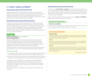 Lección 1: ¿Qué es un hábitat?
Orientaciones para el inicio de la lección
Hágales la pregunta que da título de la lección y registre las respuestas en la
pizarra, sean correctas o no. Luego lean en conjunto la introducción de la página
56. Motive la participación de los niños realizando preguntas como: ¿qué
necesitas para vivir?, ¿crees que los animales necesitaran lo mismo que tú?, ¿crees
que todos los animales tendrán las misma necesidades?

Orientaciones para el desarrollo de la lección
Observen en conjunto la ilustración que aparece en esta página. Nombren los
animales y pídales que describan qué están haciendo, si se encuentran sobre o
bajo la tierra. Pregúnteles, ¿creen que todos estos animales necesitaran lo mismo
para vivir?; ¿cuál es el refugio de los pájaros?, ¿y de las abejas?; ¿las lombrices
necesitarán la misma cantidad de luz y humedad que las abejas para vivir?;
¿cuántos refugios existen en el árbol?; ¿vivirán los mismos animales en este árbol
que en un cactus en el desierto?

Actividad 1
Estilos de aprendizaje: Activo y pragmático.
Nivel de complejidad: Baja.
En esta actividad se espera que los alumnos observen y distingan distintos
animales invertebrados que viven en el patio del colegio. Para eso, permita
que recorran el patio, levanten las piedras, observen en todos los rincones. Si
es posible, se recomienda llevar lupas y palas o palitos de helado para remover
cuidadosamente la tierra. Luego pídales que dibujen lo observado.
Refuerce la idea que son todos seres vivos, por lo tanto, o deben hacerles ningún
tipo de daño y si los sacan de sus hábitats para observarlos, deben regresarlos.
Respuestas esperadas

a.	 Las respuestas variarán según el entorno. Una de las posibles respuestas podría

Orientaciones para el cierre de la lección
Utilice la sección En la lección 1 aprendí como evaluación formativa. Pida a sus
alumnos que la realicen en forma individual. Puede ser en la sala de clases o en sus
casas. Luego haga una puesta en común de lo investigado para intercambiar la
información. Se sugiere realizar un listado con los distintos animales investigados y
clasificarlos según sus hábitats.
Vuelva a retomar la pregunta que da título a la lección: ¿Qué es un hábitat? y
compruebe si todos los niños pueden responder.

Actividad complementaria
Cada uno en su hábitat
Recorten de revistas y diarios dos animales distintos. Peguen cada uno en una
hoja y dibujen su hábitat. Luego, comparten sus dibujos.

Información complementaria
Clases de hábitat  
Los hábitat responden a ciertas características climatológicas, ambientales y geográficas. De esta manera, se han formado diferentes tipos de hábitats a lo largo y ancho de
nuestro planeta, tales como los siguientes:
Bosque
Un bosque es un área con una alta densidad de árboles. Funcionan como hábitats de
animales, moduladores de flujos hidrológicos y, conservadores del suelo, constituyendo
uno de los aspectos más importantes de la biosfera de la Tierra.
Pantano
Un pantano, es un paño de aguas estancadas y poco profundas, en el cual crece una
vegetación acuática a veces muy densa. La mayoría de las veces, el pantano ocupa en
un valle la parte abandonada por las aguas de un río. Los pantanos pueden ser de agua
dulce o de agua salada.
Fuente: Archivo editorial.

ser: hormigas, tijeretas, arañas, chanchitos de tierra, mariposas, babosas, etc.

b.	 Se espera que describan el lugar observado: si tiene plantas pequeñas o grandes,
pasto, tierra, si es iluminado por el sol, si es húmedo, entre otras características.
Luego léales el texto de la página 57 y ejemplifique mostrándoles láminas
de hábitat pequeños y hábitat grandes. Luego nombre otros animales y
pregúnteles si ellos piensan que necesitan de un hábitat pequeño o grande.
Comience con animales cercanos a ellos, como por ejemplo caracol, chinita,
perro, gato, conejo, etc.
Utilice la información complementaria si es que surgen dudas sobre los tipos
de hábitats.

Sugerencias metodológicas - Unidad 2

75

 