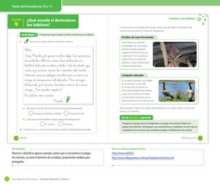 Texto del estudiante 70 y 71

4

Actividad 7
Actividad 2
1.

Comprendo qué sucede cuando se destruye un hábitat

Lee la carta y luego marca la respuesta correcta.

Hola:
Soy Monti y _te quiero contar algo. Las _personas,
durante _los _últimos _años, _han _destruido mi
_hábitat _talando muchos _árboles. Esto _ha _hecho _que
_cada vez _seamos menos _los monitos _del monte.
Estamos _casi _en _peligro _de _extinción, _es _decir, _en
_riesgo _de _desaparecer _del _planeta. Mis _amigos,
_el _huemul, y _el _cóndor, _también _corren _el mismo
_riesgo. ¿Nos _puedes _ayudar?
T_e _saluda _con _cariño,
Monti
a. ¿Por qué el monito del monte está en riesgo de desaparecer?
Porque han dañado su hábitat.

Porque tiene frío.

b. ¿Qué otro animal también está en peligro de desaparecer?
El cóndor.

El caracol.

2. Comenta con tu curso tres acciones para cuidar el hábitat de estos animales.
70

Unidad 2: Los hábitats
A continuación encontrarás información sobre otros animales característicos de
nuestro país que están en riesgo de desaparecer.

Picaflor de Juan Fernández
Solo existe en una isla del
archipiélago Juan Fernández,
donde encuentra arbustos
cargados de flores de las que
se alimenta. El ser humano, al
poblar la isla, ha cortado los
arbustos, lo que ha disminuido
el alimento disponible.

Canquén colorado
Es un ganso pequeño que habita
en el extremo sur de Chile.
El número de canquenes ha
disminuido rápidamente debido
a que el ser humano introdujo
el zorro gris en esa zona, que se
alimenta de los huevos de esta ave.
Otros animales chilenos en peligro de desaparecer son el gato andino, la ranita de
Darwin y la chinchilla.

En la lección 4 aprendí
Trabajen en grupos de tres integrantes y escojan otro animal chileno en
peligro de extinción. Investiguen sus características y expliquen al resto de sus
compañeros las acciones que podrían proteger el hábitat de este animal.

setenta y _uno

setenta

OA trabajado 5

Recursos web para apoyar la lección

Observar e identificar algunos animales nativos que se encuentran en peligro
de extinción, así como el deterioro de su hábitat, proponiendo medidas para
protegerlos.

88

http://www.codeff.cl/
http://www.chileparaninos.cl/temas/faunaterrestre/texto.swf

Guía didáctica del docente – Ciencias Naturales 2º básico

Florentino Alvarado

¿Qué sucede si destruimos
los hábitats?

Lección

71

 