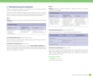 Orientaciones para la evaluación

Ítems 2

Pídales a los alumnos que realicen las actividades en forma individual. Léales las
instrucciones y deles tiempo para responder.
Al finalizar, revise los resultados de los alumnos, indicándoles si tienen 1, 2 o 3 puntos
por ítem. Luego de revisar las actividades pídales que pinten las huellas de Monti
según sus puntajes. De esta forma, se observa el rendimiento de la evaluación.
Ítem 1
Objetivo: Identificar y comunicar los efectos de la actividad humana en los animales
y su hábitat.
Indicador de logro
Logrado (3 puntos)
Marca las cinco
imágenes
correctamente.

Medianamente
logrado (2 puntos)

Marca dos o menos
imágenes correctamente

Indicador de logro
Logrado (3 puntos)
Escribe un animal en
peligro de extinción,
dibuja una acción para
cuidar su hábitat y
completa la oración.

Medianamente
logrado (2 puntos)

No logrado (1 punto)

Escribe un animal en
peligro de extinción,
dibuja una acción
para cuidar su
hábitat pero no logra
completar la oración.

Escribe un animal en
peligro de extinción,
pero no logra dibujar
una acción para cuidar
su hábitat ni completar
la oración.

No logrado (1 punto)

Marca tres imagenes
correctamente.

Objetivo: Observar e identificar animales en peligro de extinción y proponer
medidas para protegerlos.

Actividades diferenciadas (Para los niveles ML y NL)
Vuelve a leer las páginas 70 y 71. Luego, completa el siguiente cuadro.
Animal en peligro

Actividades diferenciadas (Para los niveles ML y NL)

Suelo

Posible solución

Gato andino

Busca en recortes de revistas, distintos hábitats. Dibuja sobre ellos alguna alteración
que pudiese realizar el ser humano.

Causa

Actividad de profundización (Para el nivel L)
Utilizando la investigación realizada en la sección En la lección 3 aprendí sobre
tipos de contaminación, realiza un afiche sobre medidas para prevenir los distintos
tipos de contaminación: no botar basura, reciclar, no prender estufas, utilizar bolsas
de tela y no de plástico, entre otros.

El zorro gris come sus
huevos y crías

Monito del monte
Actividad de profundización (Para el nivel L)
Ingresa con un adulto a la siguiente página web www.chileparaninos.cl/temas/
parquesnacionales/index.html. Averigua qué otros animales se encuentran en
peligro y busca imágenes sobre ellos. Escoge uno y confecciona una ficha que
puedas compartir con tu curso.
Respuestas esperadas
1.	 Fotografías 1, 2, 5, 6 y 7.
2.	 a. Frondosos y abundantes.

Sugerencias metodológicas - Unidad 2

91

 