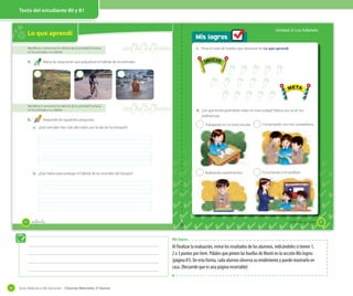 Texto del estudiante 80 y 81

Unidad 2: Los hábitats

Lo que aprendí

Mis logros
1. Pinta el total de huellas que obtuviste en Lo que aprendí.

Identificar y comunicar los efectos de la actividad humana
en los animales y su hábitat

INICIO

Marca las situaciones que perjudican el hábitat de los animales.

Identificar y comunicar los efectos de la actividad humana
en los animales y su hábitat

5.

META

2. ¿De qué forma aprendiste mejor en esta unidad? Marca con un ✔ tus
preferencias.

Responde las siguientes preguntas.
2

b. ¿Qué harías para proteger el hábitat de los animales del bosque?

_ochenta

Trabajando en mi texto escolar.

2

Conversando con mis compañeros.

2

a. ¿Qué animales han sido afectados por la tala de los bosques?

80

META

INICIO

4.

Realizando experimentos.

2

Escuchando a mi profesor.

_ochenta y _uno
Mis logros

Al finalizar la evaluación, revise los resultados de los alumnos, indicándoles si tienen 1,
2 o 3 puntos por ítem. Pídales que pinten las huellas de Monti en la sección Mis logros
(página 81). De esta forma, cada alumno observa su rendimiento y puede mostrarlo en
casa. (Recuerde que es una página recortable)

96

Guía didáctica del docente – Ciencias Naturales 2º básico

81

 