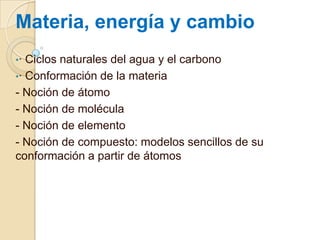 Materia, energía y cambio
•·

Ciclos naturales del agua y el carbono
•· Conformación de la materia
- Noción de átomo
- Noción de molécula
- Noción de elemento
- Noción de compuesto: modelos sencillos de su
conformación a partir de átomos

 