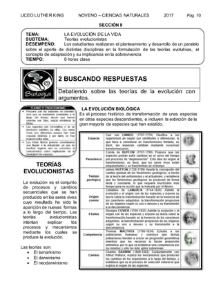 LICEO LUTHER KING NOVENO – CIENCIAS NATURALES 2017 Pág. 10
SECCIÓN II
2 BUSCANDO RESPUESTAS
Debatiendo sobre las teorías de la evolución con
argumentos.
LA EVOLUCIÓN BIOLÓGICA
Es el proceso histórico de transformación de unas especies
en otras especies descendientes, e incluyen la extinción de la
gran mayoría de especies que han existido.
TEORÍAS
EVOLUCIONISTAS
La evolución es el conjunto
de procesos y cambios
secuenciales que se han
producido en los seres vivos
cuyo resultado ha sido la
aparición de nuevas formas
a lo largo del tiempo. Las
teorías evolucionistas
intentan explicar los
procesos y mecanismos
mediante los cuales se
produce la evolución.
Las teorías son:
 El lamarkismo
 El darwinismo
 El neodarwinismo
TEMA: LA EVOLUCIÓN DE LA VIDA
SUBTEMA: Teorías evolucionistas
DESEMPEÑO: Los estudiantes realizaran el planteamiento y desarrollo de un paralelo
sobre el aporte de distintas disciplinas en la formulación de las teorías evolutivas, el
concepto de adaptación y su implicancia en la sobrevivencia
TIEMPO: 6 horas clase
 