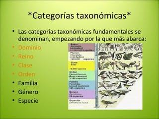 *Categorías taxonómicas*
• Las categorías taxonómicas fundamentales se
denominan, empezando por la que más abarca:
• Dominio
• Reino
• Clase
• Orden
• Familia
• Género
• Especie
 