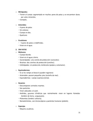 21
o Miriápodos
− Tienen el cuerpo segmentado en muchos pares de patas y se encuentran duros
por sales minerales.
− Ciempiés.
o Arácnidos
− 4 pares de patas
− Sin antenas
− Cuerpo en dos.
− Quelícero
o Crustáceos
− 5 pares de patas o indefinidas.
− Viven en el agua.
2. SIN PATAS
o Moluscos
− Cuerpo blando.
− Viven en el agua y tierra.
− Gasterópodos: una concha de protección (caracoles).
− Bivalvos: dos conchas de protección (conchas).
− Cefalópodos: sin protección, tentáculos (pulpos y calamares).
o Equinodermos
− Si se les rompe un brazo lo pueden regenerar.
− Asteroides: poseen pequeños pies (estrella de mar).
− Equinodermos: cuerpo espinoso (erizo).
o Gusanos
− Descomponen animales muertos.
− Son parásitos.
− Viven adosados a la piel.
− Anélidos, gusanos cilíndricos que normalmente viven en lugares húmedos
(lombriz de tierra, sanguijuela).
− Platemitos (lombriz solitaria).
− Nematelmintos, son microscópicos y parásitos humanos (pidulle).
o Esponjas
− Mayoría acuáticos.
 