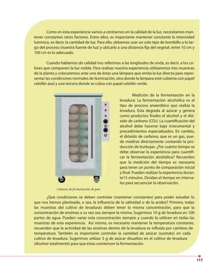 117
Como en esta experiencia vamos a centrarnos en la calidad de la luz, necesitamos man-
tener constantes otros factores. Entre ellos, es importante mantener constante la intensidad
lumínica, es decir, la cantidad de luz. Para ello, debemos usar un solo tipo de bombillo a lo lar-
go del proceso (nuestra fuente de luz) y ubicarlo a una distancia fija del vegetal, entre 10 cm y
100 cm es lo adecuado.
Cuando hablamos de calidad nos referimos a las longitudes de onda, es decir, a los co-
lores que componen la luz visible. Para realizar nuestra experiencia utilizaremos tres muestras
de la planta y colocaremos ante una de éstas una lámpara que emita la luz directa para repre-
sentar las condiciones normales de iluminación, otra donde la lámpara esté cubierta con papel
celofán azul y una tercera donde se cubra con papel celofán verde.
¿Qué condiciones se deben controlar (mantener constantes) para poder estudiar lo
que nos hemos planteado, o sea, la influencia de la salinidad o de la acidez? Primero, todas
las muestras del cultivo de levaduras deben tener la misma concentración, para que la
concentración de enzimas a su vez sea siempre la misma. Sugerimos 10 g de levadura en 100
partes de agua. Pueden variar esta concentración siempre y cuando la utilicen en todas las
muestras de esta experiencia. Así mismo, es necesario mantener la temperatura constante,
recuerden que la actividad de las enzimas dentro de la levadura es influida por cambios de
temperatura. También es importante controlar la cantidad de azúcar (sustrato) en cada
cultivo de levadura. Sugerimos utilizar 5 g de azúcar disueltos en el cultivo de levadura
(disolver totalmente) para que éstas comiencen la fermentación.
Medición de la fermentación en la
levadura: La fermentación alcohólica es el
tipo de proceso anaeróbico que realiza la
levadura. Esta degrada al azúcar y genera
como productos finales el alcohol y el dió-
xido de carbono (CO2). La cuantificación del
alcohol debe hacerse bajo instrumental y
procedimientos especializados. En cambio,
el dióxido de carbono, que es un gas, pue-
de medirse directamente contando la pro-
ducción de burbujas. ¿Por cuánto tiempo se
debe observar la experiencia para cuantifi-
car la fermentación alcohólica? Recuerden
que la medición del tiempo es necesaria
para tener un punto de comparación inicial
y final. Pueden realizar la experiencia duran-
te15 minutos. Dividan el tiempo en interva-
los para secuenciar la observación.
Cámara de fermentación de pan.
 
