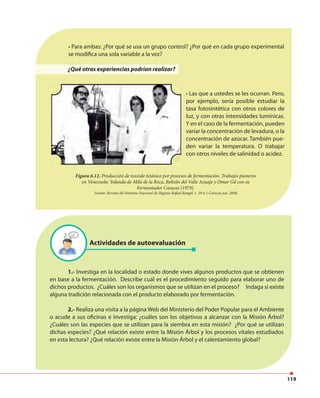 119
• Para ambas: ¿Por qué se usa un grupo control? ¿Por qué en cada grupo experimental
se modifica una sola variable a la vez?
¿Qué otras experiencias podrían realizar?
• Las que a ustedes se les ocurran. Pero,
por ejemplo, sería posible estudiar la
tasa fotosintética con otros colores de
luz, y con otras intensidades lumínicas.
Y en el caso de la fermentación, pueden
variar la concentración de levadura, o la
concentración de azúcar. También pue-
den variar la temperatura. O trabajar
con otros niveles de salinidad o acidez.
Figura 6.12. Producción de toxoide tetánico por procesos de fermentación. Trabajos pioneros
en Venezuela: Yolanda de Milá de la Roca, Beltrán del Valle Azuaje y Omar Gil con su
Fermentador Caracas (1979).
Fuente: Revista del Instituto Nacional de Higiene Rafael Rangel, v. 39 n.1 Caracas jun. 2008.
1.- Investiga en la localidad o estado donde vives algunos productos que se obtienen
en base a la fermentación. Describe cuál es el procedimiento seguido para elaborar uno de
dichos productos. ¿Cuáles son los organismos que se utilizan en el proceso? Indaga si existe
alguna tradición relacionada con el producto elaborado por fermentación.
2.- Realiza una visita a la página Web del Ministerio del Poder Popular para el Ambiente
o acude a sus oficinas e investiga: ¿cuáles son los objetivos a alcanzar con la Misión Árbol?
¿Cuáles son las especies que se utilizan para la siembra en esta misión? ¿Por qué se utilizan
dichas especies? ¿Qué relación existe entre la Misión Árbol y los procesos vitales estudiados
en esta lectura? ¿Qué relación existe entre la Misión Árbol y el calentamiento global?
Actividades de autoevaluación
 
