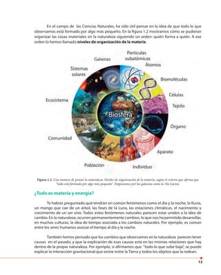 13
En el campo de las Ciencias Naturales, ha sido útil pensar en la idea de que todo lo que
observamos está formado por algo más pequeño. En la figura 1.2 mostramos cómo se pudieran
organizar las cosas materiales en la naturaleza siguiendo un orden: quién forma a quién. A ese
orden lo hemos llamado niveles de organización de la materia.
Figura 1.2. Una manera de pensar la naturaleza: Niveles de organización de la materia, según el criterio que afirma que
“todo está formado por algo más pequeño”. Empezamos por las galaxias como la Vía Láctea.
¿Todo es materia y energía?
Te habrás preguntado qué tendrán en común fenómenos como el día y la noche, la lluvia,
un mango que cae de un árbol, las fases de la Luna, las estaciones climáticas, el nacimiento y
crecimiento de un ser vivo. Todos estos fenómenos naturales parecen estar unidos a la idea de
cambio. En la naturaleza, ocurren permanentemente cambios, lo que nos ha permitido desarrollar,
en muchas culturas, la idea de tiempo asociada a los cambios naturales. Por ejemplo, es común
entre los seres humanos asociar el tiempo al día y la noche.
También hemos pensado que los cambios que observamos en la naturaleza parecen tener
causas en el pasado, y que la explicación de esas causas está en las mismas relaciones que hay
dentro de la propia naturaleza. Por ejemplo, si afirmamos que “todo lo que sube baja”, se puede
explicar la interacción gravitacional que existe entre la Tierra y todos los objetos que la rodean.
organizar las cosas materiales en la naturaleza siguiendo un orden: quién forma a quién. A ese
orden lo hemos llamado niveles de organización de la materia.
Figura 1.2. Una manera de pensar la naturaleza: Niveles de organización de la materia, según el criterio que afirma que
“todo está formado por algo más pequeño”. Empezamos por las galaxias como la Vía Láctea.
 
