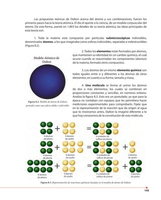 145
Las propuestas teóricas de Dalton acerca del átomo y sus combinaciones, fueron los
primeros pasos hacia la teoría atómica. El dio el aporte a la ciencia, de un modelo corpuscular del
átomo. De esta forma, asentó en 1.803 los detalles de su teoría atómica, las ideas principales de
esta teoría son:
1. Toda la materia está compuesta por partículas submicroscópicas indivisibles,
denominadas átomos, a los que imaginaba como esferas indivisibles, separadas e indestructibles
(Figura 8.2).
Figura 8.2. Modelo de átomo de Dalton,
pensado como una esfera sólida e indivisible.
2. Todos los elementos están formados por átomos,
que mantienen su identidad en un cambio químico, el cual
ocurre cuando se reacomodan los componentes (átomos)
de la materia, formado otros compuestos.
3. Los átomos de un mismo elemento químico son
todos iguales entre sí y diferentes a los átomos de otros
elementos, en cuanto a su forma, tamaño y masa,
4. Una molécula se forma al unirse los átomos
de dos o más elementos, los cuales se combinan en
proporciones constantes y sencillas, en números enteros.
Analiza la figura 8.3. Esto era un postulado, ya que para la
época no contaban con equipos que les permitiera hacer
mediciones experimentales para comprobarlo. Fíjate que
en la representación de la reacción que da origen al agua
que te mostramos antes, Dalton la imaginó diferente a lo
que hoy conocemos de la constitución de esta molécula.
Figura 8.3. Representación de reacciones químicas basadas en el modelo de átomo de Dalton.
 