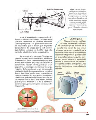 149
Figura 8.9 Tubos de rayos
catódicos. Entre el cátodo y el
ánodo, hay un alto voltaje que
produce cierta cantidad de rayos,
cuando pasan por los puntos P,
estos rayos se desvían en su viaje
hacia la pantalla; esto es debido
a otro nuevo voltaje variable
en dirección perpendicular al
anterior, que se genera entre las
placas, y que permite controlar el
lugar de llegada.
¿Sabías que...?
Algunos televisores, utilizan
tubos de rayos catódicos. El pun-
to luminoso que se produce en la
pantalla sirve hoy en día para formar
la imagen que vemos. La variación de la
intensidad de los rayos, y su dirección en
cada momento permiten que aparezcan
en la pantalla muchísimos puntos lumi-
nosos y puntos oscuros. La lentitud del
cerebro y nuestra visión en compara-
ción con los cambios en la pantalla, nos
permite construir una imagen bastante
definida.
A partir las evidencias experimentales, J. J
Thomson planteó que los rayos catódicos tenían
que estar constituidos por partículas indivisibles
con carga negativa a las que llamó corpúsculos
de electricidad, que se tenían que desprender
de los átomos del cátodo. con lo cual concluyó
que el átomo tenía que ser divisible, y que estás
partículas subatómicas tenían carga eléctrica.
De acuerdo a lo planteado, Thomson su-
giere un modelo científico del átomo, diferente al
planteado por Dalton. Este modelo explica que los
átomos son divisibles en partículas subatómicas,
denominadas electrón, además, pensó que la car-
ga positiva necesaria para contrarrestar las cargas
negativas de los electrones en un átomo neutro
estaba distribuida de manera uniforme en todo el
átomo. Sugirió que los electrones estaban incrus-
tados en una masa de carga positiva, semejante a
una masa de gelatina con trozos pequeños de“fru-
tas” impregnados en ella. A este modelo atómico,
que imaginaba Thomson se le dio el nombre de
pastel con pasa, por su semejanza con este postre
(Figura 8.10).(Figura 8.10).
Figura 8.10. Modelo atómico de J.J.
Thomson, conocido como pastel de pasas.
 