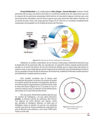 151
Ernest Rutherford y sus colaboradores Hans Geiger y Ernest Marsden, hicieron incidir
partículas alfa (α) (que son átomos de helio) en una lámina metálica de oro, observaron que casi
la mayoría de las partículas atravesaban dicha lámina sin desviación alguna; mientras que unas
pocas partículas rebotaban, esto los llevó a pensar que estas partículas alfa habían chocado con
un punto de gran masa y de carga positiva (Figura 8.12). Este era un resultado completamente
inesperado, incompatible con el modelo de átomo deThomson.
Figura 8.12. Experimento de Ernest Rutherford y colaboradores.
Mediante un análisis matemático de las fuerzas involucradas, Rutherford demostró que
la dispersión de las partículas alfa, era causada por un pequeño núcleo cargado positivamente,
situado en el centro del átomo de oro. De esta forma dedujo que la mayor parte del átomo es
espacio vacío, lo que explicaba por qué la mayoría de las partículas que bombardeaban la lámina
de oro, pasaban a través de ella sin desviarse. De esta forma, estableció el llamado modelo atómico
de Rutherford o modelo atómico nuclear.
Figura 8.13. Modelo atómico de
Ernest Rutherford.
Este modelo considera que el átomo está
formado por dos partes: el núcleo y la corteza. El núcleo
es la parte central, de tamaño muy pequeño, donde se
encuentra toda la carga positiva y, prácticamente, toda
la masa del átomo (Figura 8.13). La corteza es casi un
inmenso espacio vacío, en relación con las dimensiones
del núcleo, en el cual están los electrones.
Por otra parte, Rutherford también planteó que
los núcleos de hidrógeno, a lo que ahora llamamos
protón, se forman cuando las partículas alfa chocan
con algunos de otros átomos más ligeros, como
por ejemplo el nitrógeno. Además, se sabía que el
hidrógeno tenía un protón, el cual era una partícula
nuclear que tiene la misma cantidad de carga eléctrica
que el electrón pero positiva, y una masa 1.800 veces
mayor a la de este.
 