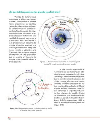 154
¿En qué órbitas pueden estar girando los electrones?
Veamos de manera breve
que esto de la órbitas con nuestro
planeta. Cuando desde la Tierra se
hacen lanzamientos de satélites,
¿recuerdas el lanzamiento del saté-
lite Simón Bolívar? los cohetes lle-
van la suficiente energía de movi-
miento para que permanezcan en
órbita alrededor de la Tierra. Esta
cantidad de energía determina a
qué distancia de la Tierra llegará. Si
se le proporciona un poco más de
energía, el satélite alcanzará una
órbita ligeramente más alta y si es
menor energía, se ubicará en una
órbita más baja, como se muestra
en la figura 8.14. Esto quiere decir
que se necesita un “paquete de
energía” exacto para ubicarlo en la
órbita deseada. Figura 8.14. Posicionamiento de un satélite en una órbita según la
cantidad de energía suministrada al cohete lanzado.
Al relacionar lo anterior con el
movimiento de los electrones en orbí-
tales, tenemos que cada electrón tiene
una energía de movimiento específica,
que le permite vencer la atracción del
núcleo positivo y lo mantiene en mo-
vimiento constante alrededor del nú-
cleo en una órbita particular, sin liberar
energía, es decir, sin emitir radiación.
Esto constituye el segundo postulado
de Bohr relativo a las posibles órbitas
de movimiento que pueden tener los
electrones. De esta forma, el modelo de
átomo de Bohr, propuesto en 1.913, se
llamó el modelo del sistema planetario
(Figura 8.15).
Figura 8.15. Modelo atómico de Bohr. El elctrón excitado del nivel 3,
al decaer al nivel 2 emite radiación.
 
