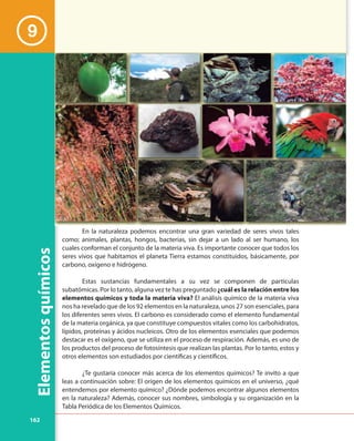 162
Elementosquímicos
9
En la naturaleza podemos encontrar una gran variedad de seres vivos tales
como; animales, plantas, hongos, bacterias, sin dejar a un lado al ser humano, los
cuales conforman el conjunto de la materia viva. Es importante conocer que todos los
seres vivos que habitamos el planeta Tierra estamos constituidos, básicamente, por
carbono, oxígeno e hidrógeno.
Estas sustancias fundamentales a su vez se componen de partículas
subatómicas. Por lo tanto, alguna vez te has preguntado ¿cuál es la relación entre los
elementos químicos y toda la materia viva? El análisis químico de la materia viva
nos ha revelado que de los 92 elementos en la naturaleza, unos 27 son esenciales, para
los diferentes seres vivos. El carbono es considerado como el elemento fundamental
de la materia orgánica, ya que constituye compuestos vitales como los carbohidratos,
lípidos, proteínas y ácidos nucleicos. Otro de los elementos esenciales que podemos
destacar es el oxígeno, que se utiliza en el proceso de respiración. Además, es uno de
los productos del proceso de fotosíntesis que realizan las plantas. Por lo tanto, estos y
otros elementos son estudiados por científicas y científicos.
¿Te gustaría conocer más acerca de los elementos químicos? Te invito a que
leas a continuación sobre: El origen de los elementos químicos en el universo, ¿qué
entendemos por elemento químico? ¿Dónde podemos encontrar algunos elementos
en la naturaleza? Además, conocer sus nombres, simbología y su organización en la
Tabla Periódica de los Elementos Químicos.
 