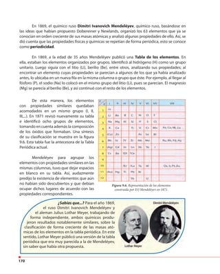 170
En 1869, el químico ruso Dimitri Ivanovich Mendeléyev, químico ruso, basándose en
las ideas que habían propuesto Dobereiner y Newlands, organizó los 63 elementos que ya se
conocían en orden creciente de sus masas atómicas y analizó algunas propiedades de ello. Así, se
dió cuenta que las propiedades físicas y químicas se repetían de forma periódica, esto se conoce
como periodicidad.
En 1869, a la edad de 35 años Mendeléyev publicó una Tabla de los elementos. En
ella, estaban los elementos organizados por grupos. Identificó al hidrógeno (H) como un grupo
unitario. Luego siguia con el litio (Li), berilio (Be), entre otros, analizando sus propiedades; al
encontrar un elemento cuyas propiedades se parecían a algunos de los que ya había analizado
antes, lo ubicaba en un nueva fila en la misma columna o grupo que éste. Por ejemplo, al llegar al
fósforo (P), el sodio (Na) lo colocó en el mismo grupo del litio (Li), pues se parecían. El magnesio
(Mg) se parecía al berilio (Be), y así continuó con el resto de los elementos.
De esta manera, los elementos
con propiedades similares quedaban
acomodados en un mismo grupo (I, II,
III,...). En 1871 revisó nuevamente su tabla
e identificó ocho grupos de elementos,
tomando en cuenta además la composición
de los óxidos que formaban. Una síntesis
de su clasificación se muestra en la figura
9.6. Esta tabla fue la antecesora de la Tabla
Periódica actual.
Mendeléyev para agrupar los
elementos con propiedades similares en las
mismas columnas, tuvo que dejar espacios
en blanco en su tabla. Así, audazmente
predijo la existencia de elementos que aún
no habían sido descubiertos y que debían
ocupar dichos lugares de acuerdo con las
propiedades correspondientes.
Figura 9.6. Representación de los elementos
construida por D.J Mendeléyev en 1871.
¿Sabías que...? Para el año 1869,
el ruso Dimitri Ivanovich Mendeléyev y
el aleman Julius Lothar Meyer, trabajando de
forma independiente, ambos químicos produ-
jeron resultados notablemente similares, sobre la
clasificación de forma creciente de las masas ató-
micas de los elementos en la tabla periódica. En este
sentido, Lothar Meyer públicó una versión de la tabla
periódica que era muy parecida a la de Mendeléyev,
sin saber que había otra propuesta.
 