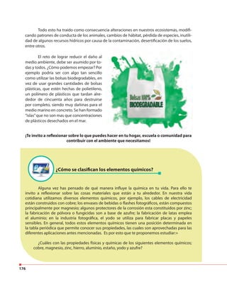 176
Todo esto ha traído como consecuencia alteraciones en nuestros ecosistemas, modifi-
cando patrones de conducta de los animales, cambios de hábitat, pérdida de especies, inutili-
dad de algunos recursos hídricos por causa de la contaminación, desertificación de los suelos,
entre otros.
¡Te invito a reflexionar sobre lo que puedes hacer en tu hogar, escuela o comunidad para
contribuir con el ambiente que necesitamos!
El reto de lograr reducir el daño al
medio ambiente, debe ser asumido por to-
das y todos. ¿Cómo podemos empezar? Por
ejemplo podría ser con algo tan sencillo
como utilizar las bolsas biodegradables, en
vez de usar grandes cantidades de bolsas
plásticas, que estén hechas de polietileno,
un polímero de plásticos que tardan alre-
dedor de cincuenta años para destruirse
por completo, siendo muy dañinas para el
medio marino en concreto. Se han formado
“islas”que no son mas que concentraciones
de plásticos desechados en el mar.
Alguna vez has pensado de qué manera influye la química en tu vida. Para ello te
invito a reflexionar sobre las cosas materiales que están a tu alrededor. En nuestra vida
cotidiana utilizamos diversos elementos químicos, por ejemplo, los cables de electricidad
están construidos con cobre; los envases de bebidas o flashes fotográficos, están compuestos
principalmente por magnesio; algunos protectores de la corrosión esta constituidos por zinc;
la fabricación de pólvora o fungicidas son a base de azufre; la fabricación de latas emplea
el aluminio; en la industria fotográfica, el yodo se utiliza para fabricar placas y papeles
sensibles. En general, todos estos elementos químicos tienen una posición determinada en
la tabla periódica que permite conocer sus propiedades, las cuales son aprovechadas para las
diferentes aplicaciones antes mencionadas. Es por esto que te proponemos estudiar:+
¿Cuáles con las propiedades físicas y químicas de los siguientes elementos químicos;
cobre, magnesio, zinc, hierro, aluminio, estaño, yodo y azufre?
¿Cómo se clasifican los elementos químicos?
 