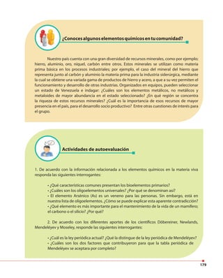 179
Nuestro país cuenta con una gran diversidad de recursos minerales, como por ejemplo;
hierro, aluminio, oro, níquel, carbón entre otros. Estos minerales se utilizan como materia
prima básica en los procesos industriales; por ejemplo, el caso del mineral del hierro que
representa junto al carbón y aluminio la materia prima para la industria siderúrgica, mediante
la cual se obtiene una variada gama de productos de hierro y acero, a que a su vez permiten el
funcionamiento y desarrollo de otras industrias. Organizados en equipos, pueden seleccionar
un estado de Venezuela e indagar: ¿Cuáles son los elementos metálicos, no metálicos y
metaloides de mayor abundancia en el estado seleccionado? ¿En qué región se concentra
la riqueza de estos recursos minerales? ¿Cuál es la importancia de esos recursos de mayor
presencia en el país, para el desarrollo socio productivo? Entre otras cuestiones de interés para
el grupo.
1. De acuerdo con la información relacionada a los elementos químicos en la materia viva
responda las siguientes interrogantes:
• ¿Qué características comunes presentan los bioelementos primarios?
• ¿Cuáles son los oligoelementos universales? ¿Por qué se denominan así?
• El elemento Arsénico (As) es un veneno para las personas. Sin embargo, está en
nuestra lista de oligoelementos. ¿Cómo se puede explicar esta aparente contradicción?
• ¿Qué elemento es más importante para el mantenimiento de la vida de un mamífero;
el carbono o el silicio? ¿Por qué?
2. De acuerdo con los diferentes aportes de los científicos Döbereiner, Newlands,
Mendeléyev y Moseley, responde las siguientes interrogantes:
• ¿Cuál es la ley periódica actual? ¿Qué la distingue de la ley periódica de Mendeléyev?
• ¿Cuáles son los dos factores que contribuyeron para que la tabla periódica de
Mendeléyev se aceptara por completo?
¿Conocesalgunoselementosquímicosentucomunidad?
Actividades de autoevaluación
 