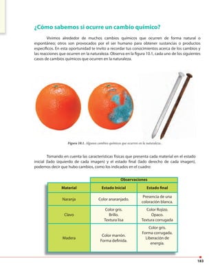 183
Tomando en cuenta las características físicas que presenta cada material en el estado
inicial (lado izquierdo de cada imagen) y el estado final (lado derecho de cada imagen),
podemos decir que hubo cambios, como los indicados en el cuadro:
¿Cómo sabemos si ocurre un cambio químico?
Vivimos alrededor de muchos cambios químicos que ocurren de forma natural o
espontáneo; otros son provocados por el ser humano para obtener sustancias o productos
específicos. En esta oportunidad te invito a recordar tus conocimientos acerca de los cambios y
las reacciones que ocurren en la naturaleza. Observa en la figura 10.1, cada uno de los siguientes
casos de cambios químicos que ocurren en la naturaleza.
Figura 10.1. Algunos cambios químicos que ocurren en la naturaleza..
Material Estado Inicial Estado final
Naranja Color anaranjado.
Presencia de una
coloración blanca.
Clavo
Color gris.
Brillo.
Textura lisa
Color Rojizo.
Opaco.
Textura corrugada
Madera
Color marrón.
Forma definida.
Color gris.
Forma corrugada.
Liberación de
energía.
Observaciones
 