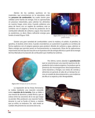 190
Dentro de los cambios químicos en los
materiales, que encontramos en la naturaleza, están
los procesos de combustión, los cuales tienen gran
utilidad como fuente de energía. Esta es aprovechada
en procesos industriales, para calentar los alimentos
en nuestro hogar, entre otros. Cuando soldamos una
pieza de hierro con un soplete de acetileno, este se
combina con el oxígeno y forma los productos de la
combustión (dióxido de carbono y agua). Esta reacción
es exotérmica, es decir, libera suficiente energía para
fundir el metal (Figura 10.8).
Por último, vamos abordar la putrefacción
que se caracteriza por una reacción química de de-
gradación de la materia orgánica. Se produce por la
presencia de microorganismos descomponedores,
como bacterias y hongos. Los restos de comida y
alimentos en general, al cabo de un tiempo los ve-
mos en estado de descomposición y una evidencia
de ello es su aspecto y olor desagradable.
La reparación de las líneas ferroviarias
se realiza mediante una reacción conocida
como reacción de la termita. Esta se debe a
una mezcla de aluminio y óxido férrico, que se
coloca entre las secciones de la vía que luego
se prende. Ellos producen una reacción fuerte,
durante la cual se funde el hierro, a medida
que se enfría, se endurece. De este modo se
sueldan eficazmente las secciones de la vía.
Figura 10.8. Energía de combustión, para
fundir metales.
Existen una gran variedad de combustibles: como la madera, el carbón, el petróleo, la
gasolina, el alcohol, entre otros. Cuando encendemos un automóvil, la gasolina se combina de
forma explosiva con el oxígeno gaseoso para producir dióxido de carbono y agua, además se
libera energía que permite poner en funcionamiento su maquinaría. Otras de las aplicaciones
importantes de este tipo de reacción es en la producción de energía eléctrica a partir de la energía
térmica liberada en la reacción de combustión que mobiliza las turbinas.
Figura 10.9. Putrefacción de los alimentos.Figura 10.9. Putrefacción de los alimentos.
 