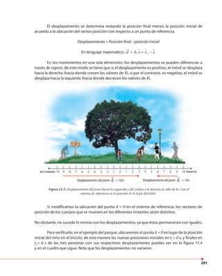 201
Si modificamos la ubicación del punto X = 0 en el sistema de referencia, los vectores de
posición de los cuerpos que se mueven en los diferentes instantes serán distintos.
No obstante, no sucede lo mismo con los desplazamientos, ya que éstos permanecen con iguales.
El desplazamiento se determina restando la posición final menos la posición inicial de
acuerdo a la ubicación del vector posición con respecto a un punto de referencia.
Desplazamiento = Posición final – posición inicial
En lenguaje matemático : f i
d x x x= ∆ = −
En los movimientos en una sola dimensión, los desplazamientos se pueden diferenciar a
través de signos, de este modo se tiene que si el desplazamiento es positivo, el móvil se desplaza
hacia la derecha (hacia donde crecen los valores de X), sí por el contrario, es negativo, el móvil se
desplaza hacia la izquierda (hacia donde decrecen los valores de X).
Figura 11.3. Desplazamiento del joven hacia la izquierda y del ciclista a la derecha al cabo de 6s. Con el
sistema de referencia en la posición X=0 al pie del árbol.
Para verificarlo, en el ejemplo del parque, ubicaremos el punto X = 0 en lugar de la posición
inicial del niño en el triciclo, de esta manera las nuevas posiciones iniciales en ti
= 0 s, y finales en
tf
= 6 s de las tres personas con sus respectivos desplazamiento puedes ver en la figura 11.4
y en el cuadro que sigue. Nota que los desplazamientos no variaron.
 