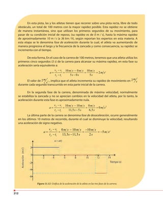 212
En esta pista, las y los atletas tienen que recorrer sobre una pista recta, libre de todo
obstáculo, un total de 100 metros con la mayor rapidez posible. Esta rapidez no se obtiene
de manera instantánea, sino que utilizan los primeros segundos de su movimiento, para
pasar de su condición inicial de reposo, (su rapidez es de 0 m / s), hasta la máxima rapidez
de aproximadamente 10 m ⁄ s (a 36 km ⁄ h), según reportan los expertos en esta materia. A
esta etapa se le denomina fase de aceleración durante la cual, el atleta va aumentando de
manera progresiva el largo y la frecuencia de la zancada y como consecuencia, su rapidez se
incrementa con el tiempo.
De esta forma, En el caso de la carrera de 100 metros, tenemos que una atleta utiliza los
primeros cinco segundos (5 s) de la carrera para alcanzar su máxima rapidez, en esta fase su
aceleración sería equivalente a:
10 0 10
2
5 0 5
f i
f i
v v m s m s m s
a m s2
t t s s s
− −
= = = =
− −
El valor de 22m
s , implica que el atleta incrementa su rapidez de movimiento en 2m
s
durante cada segundo transcurrido en esta parte inicial de la carrera.
En la segunda fase de la carrera, denominada de máxima velocidad, normalmente
se estabiliza la zancada y no se aprecian cambios en la velocidad del atleta, por lo tanto, la
aceleración durante esta fase es aproximadamente nula.
La última parte de la carrera se denomina fase de desaceleración, ocurre generalmente
en los últimos 10 metros de recorrido, durante el cual se disminuye la velocidad, resultando
una aceleración de signo negativo.
0 10 10
13,5 11,5 2
f i
f i
v v m s m s m s
a
t t s s s
− − −
= = = = −5m s2
− −
Figura 11.12. Gráfica de la aceleración de la atleta en las tres fases de la carrera.Figura 11.12. Gráfica de la aceleración de la atleta en las tres fases de la carrera.
210 10 0
0
11,5 5 6,5
f i
f i
v v m s m s m s
a m s
t t s s s
− −
= = = =
− −
 