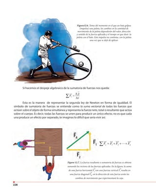 228
Si hacemos el despeje algebraico de la sumatoria de fuerzas nos queda:
e
p
F
t
∆
=
∆
∑
Esta es la manera de representar la segunda ley de Newton en forma de igualdad. El
símbolo de sumatoria de fuerzas se entiende como la suma vectorial de todas las fuerzas que
actúan sobre el objeto de forma simultánea y representa la fuerza neta, total o resultante que actúa
sobre el cuerpo. Es decir, todas las fuerzas se unen para producir un único efecto, no es que cada
una produce un efecto por separado, te imaginas lo difícil que sería vivir así.
Figura12.6. Toma del momento en el que un bate golpea
(impulsa) una pelota, los cambios en la cantidad de
movimiento de la pelota dependerán del valor, dirección
y sentido de la fuerza aplicada y el tiempo en que duró la
pelota con el bate. Este impulso no continúa, con la pelota
una vez que se dejó de aplicar.
Figura 12.7. La fuerza resultante o sumatoria de fuerzas se obtiene
sumando los vectores de las fuerzas aplicadas. En la figura, la suma
de una fuerza horizontal F2
con una fuerzas vertical F1
resulta en
una fuerza diagonal FR
, en la dirección de esta fuerza serán los
cambios de movimiento que experimentará la caja.
1 2e nF F F F= + + +∑
sumando los vectores de las fuerzas aplicadas. En la figura, la suma
Figura 12.7. La fuerza resultante o sumatoria de fuerzas se obtiene
sumando los vectores de las fuerzas aplicadas. En la figura, la suma
Figura 12.7.
sumando los vectores de las fuerzas aplicadas. En la figura, la suma
 