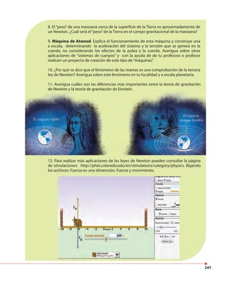 247
8. El “peso” de una manzana cerca de la superficie de la Tierra es aproximadamente de
un Newton. ¿Cuál será el“peso”de la Tierra en el campo gravitacional de la manzana?
9. Máquina de Atwood. Explica el funcionamiento de esta máquina y construye una
a escala, determinando la aceleración del sistema y la tensión que se genera en la
cuerda, no considerando los efectos de la polea y la cuerda. Averigua sobre otras
aplicaciones de “sistemas de cuerpos” y con la ayuda de de tu profesora o profesor
realicen un proyecto de creación de este tipo de“máquinas”.
10. ¿Por qué se dice que el fenómeno de las mareas es una comprobación de la tercera
ley de Newton? Averigua sobre este fenómeno en tu localidad y a escala planetaria.
11. Averigua cuáles son las diferencias más importantes entre la teoría de gravitación
de Newton y la teoría de gravitación de Einstein.
12. Para realizar más aplicaciones de las leyes de Newton pueden consultar la página
de simulaciones: http://phet.colorado.edu/en/simulations/category/physics. Bajando
los archivos: Fuerza en una dimensión, Fuerza y movimiento.
de Newton y la teoría de gravitación de Einstein.de Newton y la teoría de gravitación de Einstein.
 