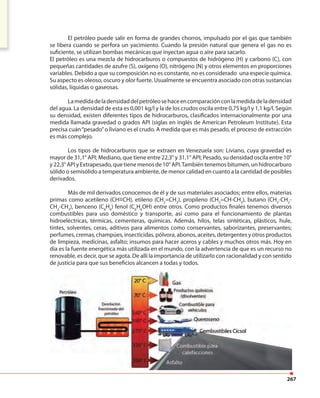 267
El petróleo puede salir en forma de grandes chorros, impulsado por el gas que también
se libera cuando se perfora un yacimiento. Cuando la presión natural que genera el gas no es
suficiente, se utilizan bombas mecánicas que inyectan agua o aire para sacarlo.
El petróleo es una mezcla de hidrocarburos o compuestos de hidrógeno (H) y carbono (C), con
pequeñas cantidades de azufre (S), oxígeno (O), nitrógeno (N) y otros elementos en proporciones
variables. Debido a que su composición no es constante, no es considerado una especie química.
Su aspecto es oleoso, oscuro y olor fuerte. Usualmente se encuentra asociado con otras sustancias
sólidas, líquidas o gaseosas.
Lamedidadeladensidaddelpetróleosehaceencomparaciónconlamedidadeladensidad
del agua. La densidad de esta es 0,001 kg/l y la de los crudos oscila entre 0,75 kg/l y 1,1 kg/l. Según
su densidad, existen diferentes tipos de hidrocarburos, clasificados internacionalmente por una
medida llamada gravedad o grados API (siglas en inglés de American Petroleum Institute). Esta
precisa cuán“pesado”o liviano es el crudo. A medida que es más pesado, el proceso de extracción
es más complejo.
Los tipos de hidrocarburos que se extraen en Venezuela son: Liviano, cuya gravedad es
mayor de 31,1° API; Mediano, que tiene entre 22,3° y 31,1° API; Pesado, su densidad oscila entre 10°
y 22,3° API y Extrapesado, que tiene menos de 10° API.También tenemos bitumen, un hidrocarburo
sólido o semisólido a temperatura ambiente, de menor calidad en cuanto a la cantidad de posibles
derivados.
Más de mil derivados conocemos de él y de sus materiales asociados; entre ellos, materias
primas como acetileno (CH=CH), etileno (CH2
=CH2
), propileno (CH2
=CH-CH3
), butano (CH3
-CH2
-
CH2
-CH3
), benceno (C6
H6
) fenol (C6
H6
OH) entre otros. Como productos finales tenemos diversos
combustibles para uso doméstico y transporte, así como para el funcionamiento de plantas
hidroeléctricas, térmicas, cementeras, químicas. Además, hilos, telas sintéticas, plásticos, hule,
tintes, solventes, ceras, aditivos para alimentos como conservantes, saborizantes, preservantes;
perfumes, cremas, champúes, insecticidas, pólvora, abonos, aceites, detergentes y otros productos
de limpieza, medicinas, asfalto; insumos para hacer aceros y cables y muchos otros más. Hoy en
día es la fuente energética más utilizada en el mundo, con la advertencia de que es un recurso no
renovable, es decir, que se agota. De allí la importancia de utilizarlo con racionalidad y con sentido
de justicia para que sus beneficios alcancen a todas y todos.
 