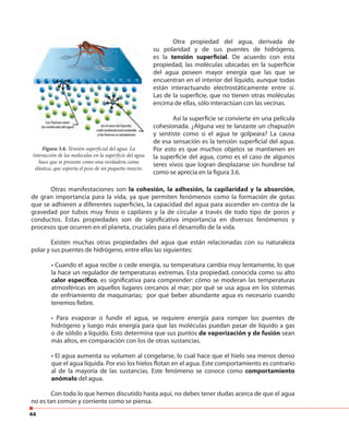 44
Otras manifestaciones son la cohesión, la adhesión, la capilaridad y la absorción,
de gran importancia para la vida, ya que permiten fenómenos como la formación de gotas
que se adhieren a diferentes superficies, la capacidad del agua para ascender en contra de la
gravedad por tubos muy finos o capilares y la de circular a través de todo tipo de poros y
conductos. Estas propiedades son de significativa importancia en diversos fenómenos y
procesos que ocurren en el planeta, cruciales para el desarrollo de la vida.
Existen muchas otras propiedades del agua que están relacionadas con su naturaleza
polar y sus puentes de hidrógeno, entre ellas las siguientes:
• Cuando el agua recibe o cede energía, su temperatura cambia muy lentamente, lo que
la hace un regulador de temperaturas extremas. Esta propiedad, conocida como su alto
calor específico, es significativa para comprender: cómo se moderan las temperaturas
atmosféricas en aquellos lugares cercanos al mar; por qué se usa agua en los sistemas
de enfriamiento de maquinarias; por qué beber abundante agua es necesario cuando
tenemos fiebre.
• Para evaporar o fundir el agua, se requiere energía para romper los puentes de
hidrógeno y luego más energía para que las moléculas puedan pasar de líquido a gas
o de sólido a líquido. Esto determina que sus puntos de vaporización y de fusión sean
más altos, en comparación con los de otras sustancias.
• El agua aumenta su volumen al congelarse, lo cual hace que el hielo sea menos denso
que el agua líquida. Por eso los hielos flotan en el agua. Este comportamiento es contrario
al de la mayoría de las sustancias. Este fenómeno se conoce como comportamiento
anómalo del agua.
Con todo lo que hemos discutido hasta aquí, no debes tener dudas acerca de que el agua
no es tan común y corriente como se piensa.
Otra propiedad del agua, derivada de
su polaridad y de sus puentes de hidrógeno,
es la tensión superficial. De acuerdo con esta
propiedad, las moléculas ubicadas en la superficie
del agua poseen mayor energía que las que se
encuentran en el interior del líquido, aunque todas
están interactuando electrostáticamente entre sí.
Las de la superficie, que no tienen otras moléculas
encima de ellas, sólo interactúan con las vecinas.
Así la superficie se convierte en una película
cohesionada. ¿Alguna vez te lanzaste un chapuzón
y sentiste como si el agua te golpeara? La causa
de esa sensación es la tensión superficial del agua.
Por esto es que muchos objetos se mantienen en
la superficie del agua, como es el caso de algunos
seres vivos que logran desplazarse sin hundirse tal
como se aprecia en la figura 3.6.
Figura 3.6. Tensión superficial del agua. La
interacción de las moleculas en la superficie del agua
hace que se presente como una verdadera cama
elástica, que soporta el peso de un pequeño insecto.
 