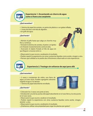 49
Experiencia 1. Encantando un chorro de agua
como si fuera una serpiente
Experiencia 2. Trasiego sin esfuerzo de aquí para allá
¿Qué necesitan?
• 1 lámina de papel de acetato, un peine de plástico o un globo inflado.
• 1 trozo de lana o de tela de algodón.
• Un grifo de agua.
¿Qué harán?
• 1 lámina de papel de acetato, un peine de plástico o un globo inflado.
• Abrirán el grifo hasta que salga un chorrito muy
fino y continuo.
• Tomarán la lámina de acetato, el peine o el globo
y lo frotarán insistentemente contra la tela.
• Acercarán el objeto frotado al hilo de agua sin
que lleguen a tocarse entre sí.
• Observarán lo que ocurre y analizarán el resultado.
• Podrán repetir la experiencia con otras sustancias líquidas como aceite, vinagre u otra.
• Piensen qué utilidad se le podría dar al fenómeno observado en esta experiencia.
¿Qué necesitan?
• 2 vasos o recipientes de vidrio, uno lleno de
agua y el otro vacío. Pueden agregarle colorante
vegetal al agua si lo desean.
• 1 lámina de papel absorbente enrollado.
¿Qué harán?
• Colocarán los 2 vasos uno junto al otro.
• Introducirán una de las puntas del papel absorbente en el vaso lleno y la otra punta
en el vaso vacío.
• Observarán lo que ocurre y analicen el resultado.
• Podrán repetir la experiencia con otras sustancia liquidas como aceite, vinagre,
alcohol u otra.
• Observarán lo que ocurre y analizarán el resultado.
• ¿Podríamos utilizar esta propiedad para regar las plantas por goteo?
 