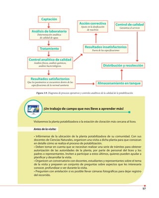 57
Figura 3.9. Diagrama de procesos operativos y controles analíticos de la calidad de la potabilización.
¡Un trabajo de campo que nos lleve a aprender más!
Visitaremos la planta potabilizadora o la estación de cloración más cercana al liceo.
Antes de la visita:
• Infórmense de la ubicación de la planta potabilizadora de su comunidad. Con sus
docentes de Ciencias Naturales, organicen una visita a dicha planta para que conozcan
en detalle cómo se realiza el proceso de potabilización.
• Deben tomar en cuenta que se necesitan realizar una serie de trámites para obtener
autorización de las autoridades de la planta, por parte de personal del liceo y los
padres o representantes. Inviten a participar a estos últimos, quienes pueden ayudar a
planificar y desarrollar la visita.
• Organicen un conversatorio con docentes, estudiantes y representantes sobre el tema
de la visita y preparen un conjunto de preguntas sobre aspectos que les interesaría
conocer, profundizar o ver durante la visita.
• Pregunten con antelación si es posible llevar cámaras fotográficas para dejar registro
del recorrido.
Captación
Distribución y recolección
Almacenamiento en tanque
Tratamiento
Control analítico de calidad
Análisis físicos, análisis químicos,
análisis bacteriológicos.
Acción correctiva
Ajuste en la dosificación
de reactivos
Resultados insatisfactorios
Fuera de las especificaciones
Control de calidad
Garantiza el servicio
Resultados satisfactorios
Que los parámetros se encuentren dentro de las
especificaciones de la normal sanitaria
Análisis de laboratorio
Determinación analítica
de calidad de agua.
 